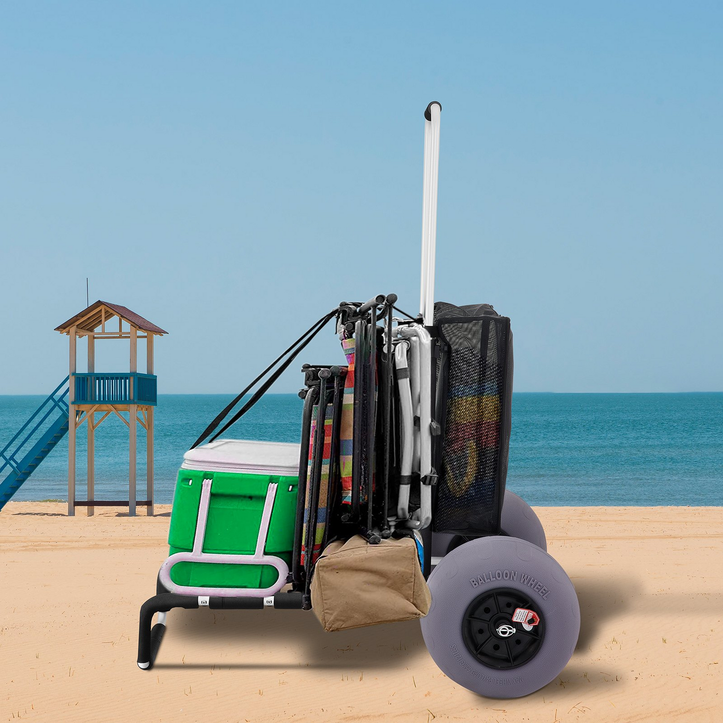 VEVOR Beach Carts for Sand, 23" x 15" Cargo Deck, w/ 13" TPU Balloon Wheels, 165LBS Loading Folding Sand Cart & 33.1" to 51.6" Adjustable Height, Aviation Aluminum Cart for Picnic, Fishing, Beach