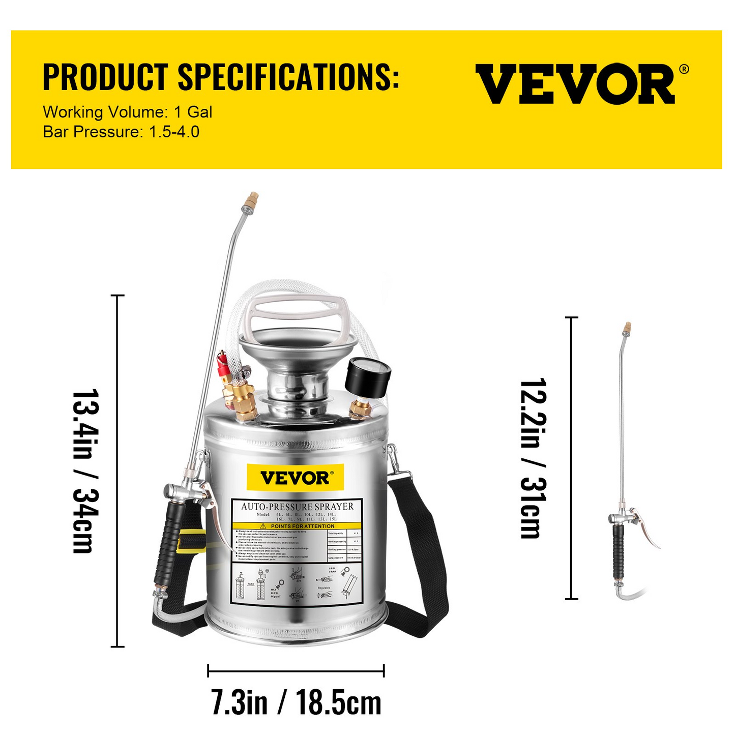 VEVOR 1Gal Stainless Steel, Set with 12" Wand& Handle& 3FT Reinforced Hose, Hand Pump Sprayer with Pressure Gauge&Safety Valve, Adjustable Nozzle Suitable for Gardening and Sanitizing, Silver