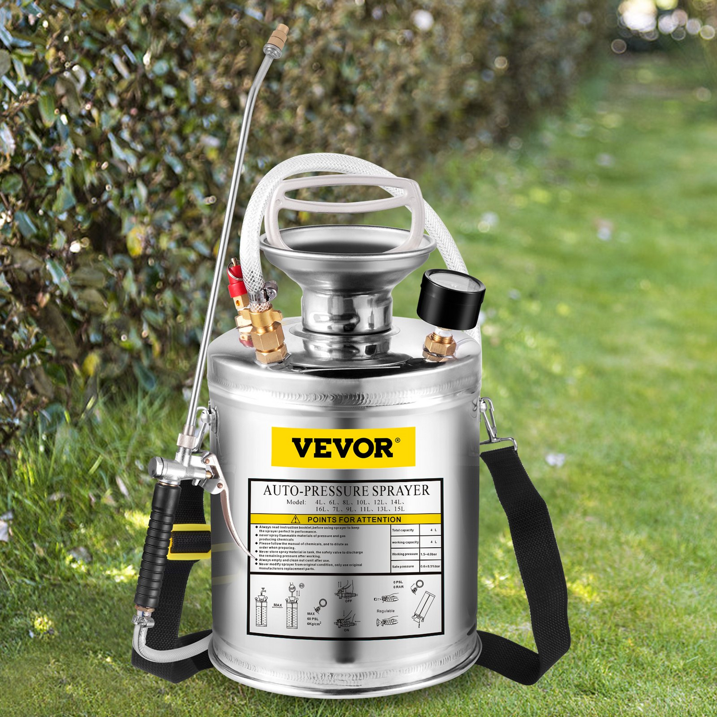 VEVOR 1Gal Stainless Steel, Set with 12" Wand& Handle& 3FT Reinforced Hose, Hand Pump Sprayer with Pressure Gauge&Safety Valve, Adjustable Nozzle Suitable for Gardening and Sanitizing, Silver