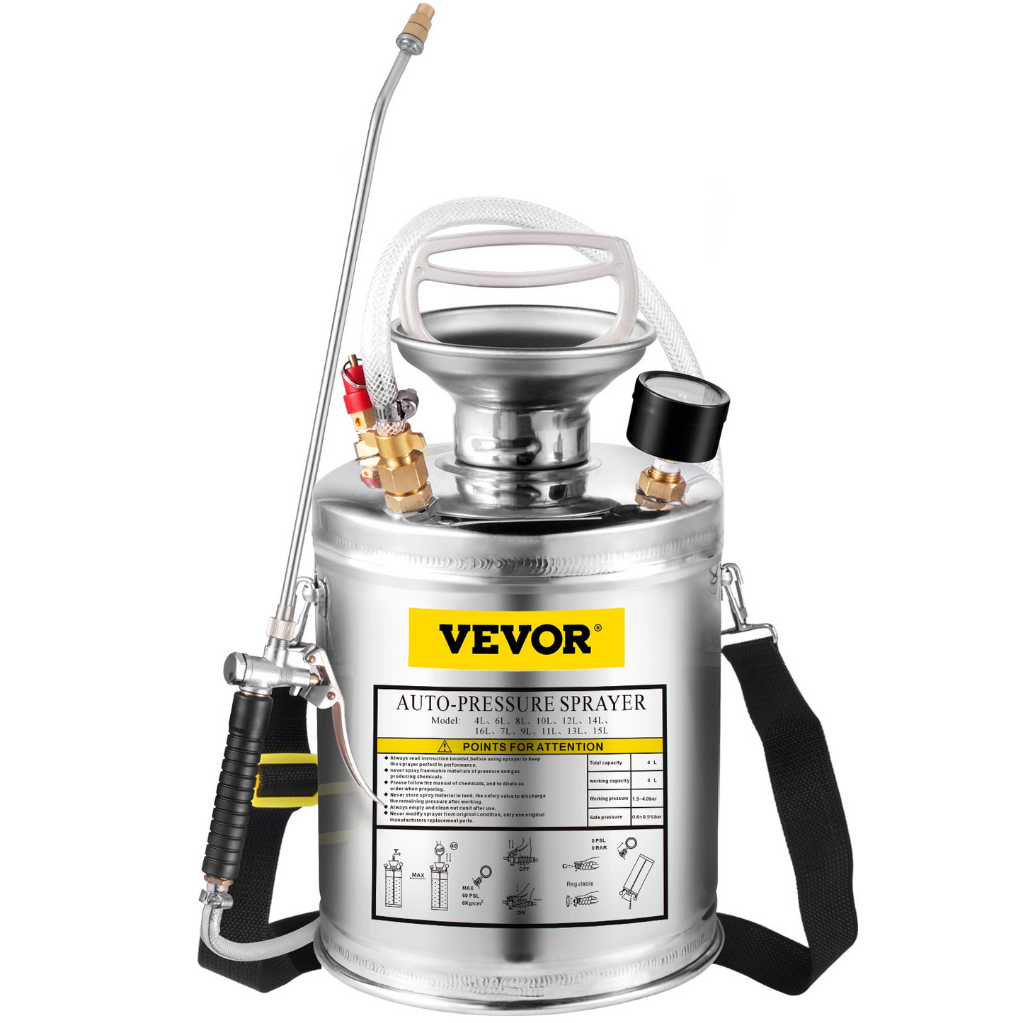 VEVOR 1Gal Stainless Steel, Set with 12" Wand& Handle& 3FT Reinforced Hose, Hand Pump Sprayer with Pressure Gauge&Safety Valve, Adjustable Nozzle Suitable for Gardening and Sanitizing, Silver