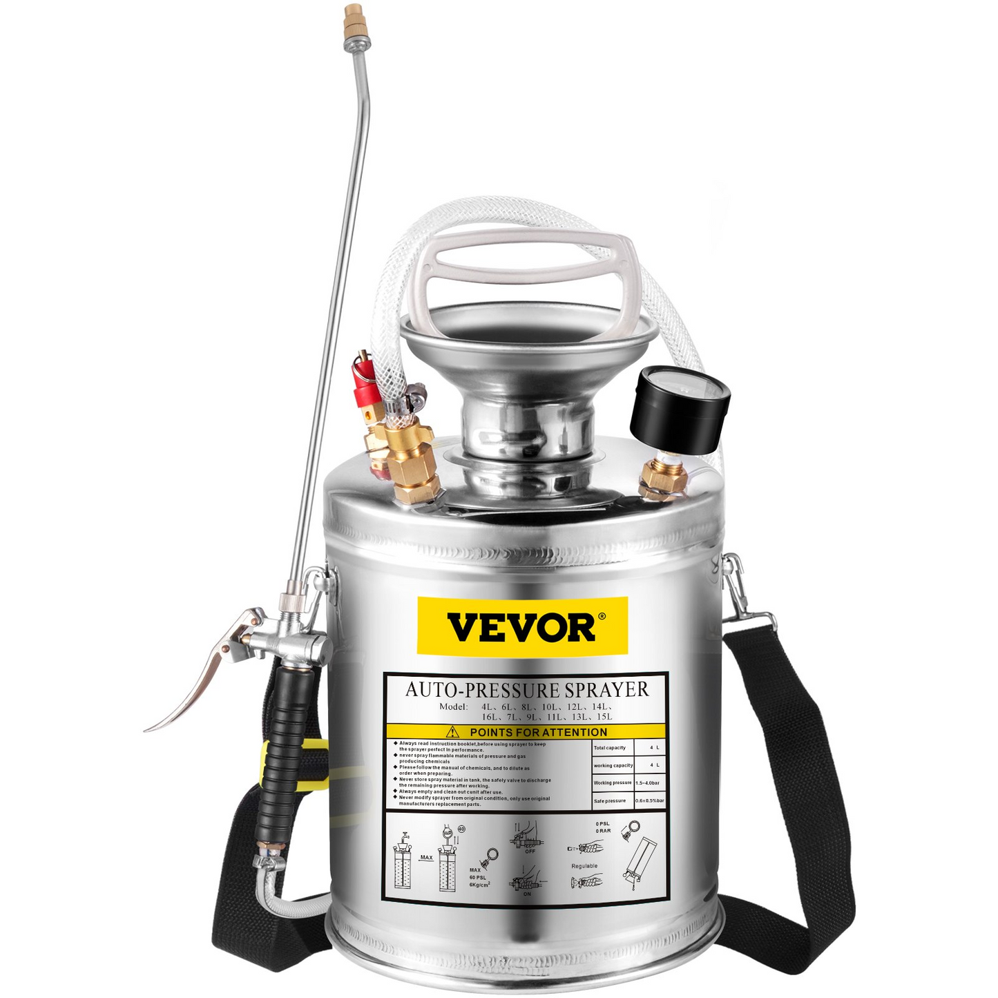 VEVOR 1Gal Stainless Steel, Set with 12" Wand& Handle& 3FT Reinforced Hose, Hand Pump Sprayer with Pressure Gauge&Safety Valve, Adjustable Nozzle Suitable for Gardening and Sanitizing, Silver