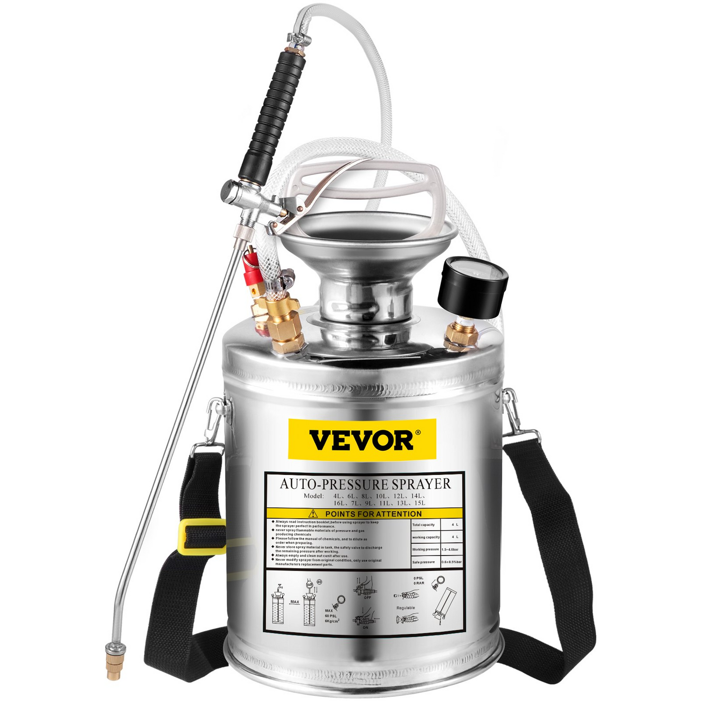 VEVOR 1Gal Stainless Steel, Set with 12" Wand& Handle& 3FT Reinforced Hose, Hand Pump Sprayer with Pressure Gauge&Safety Valve, Adjustable Nozzle Suitable for Gardening and Sanitizing, Silver