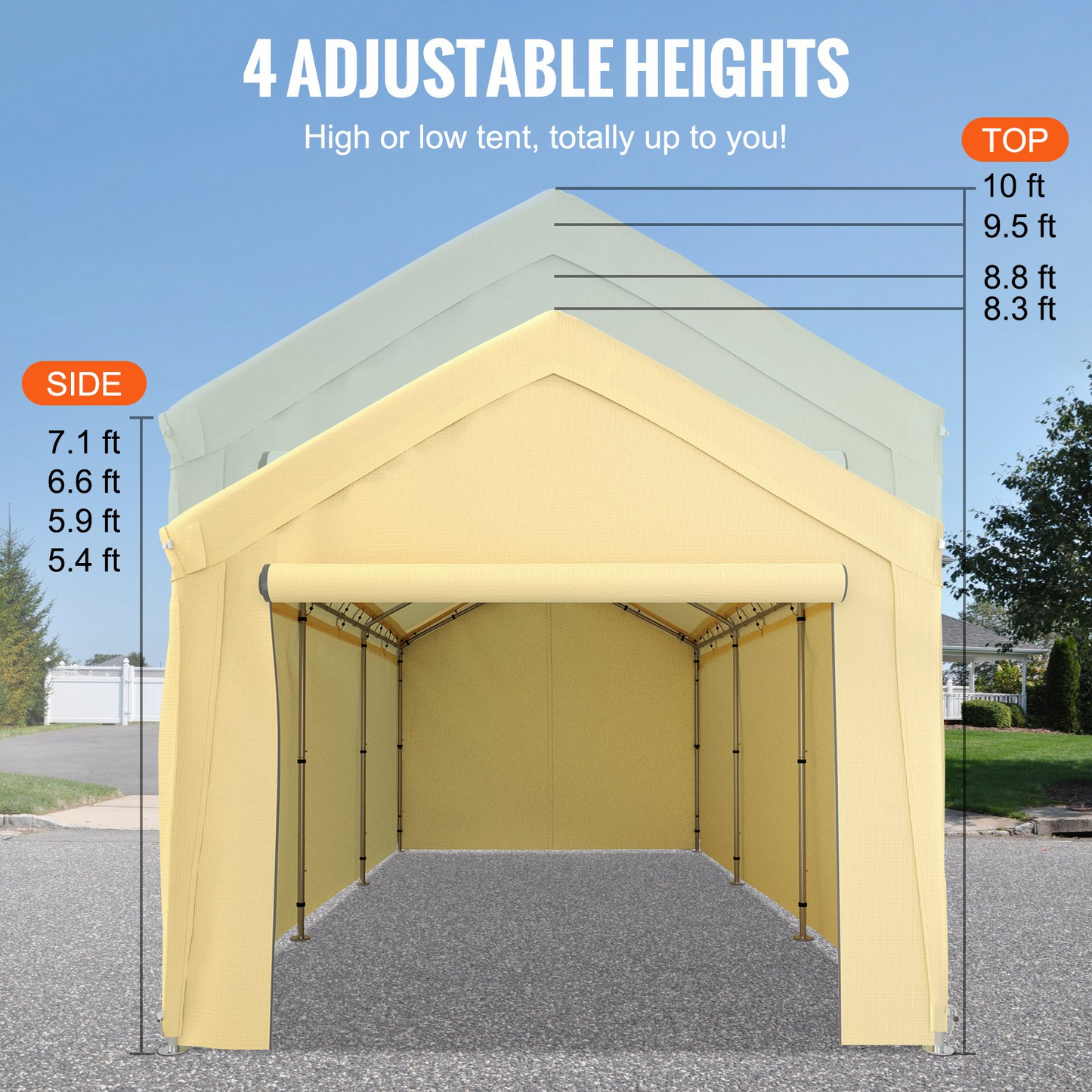 VEVOR Carport Canopy Car Shelter Tent 10 x 20ft with 8 Legs and Sidewalls Yellow