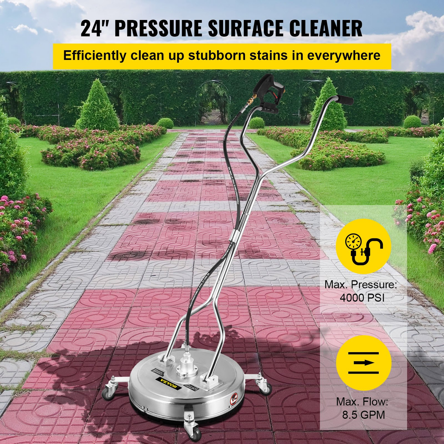 VEVOR Pressure Washer Surface Cleaner, 23'', Max. 4000 PSI Pressure by 3 Nozzles for Cleaning Driveways, Sidewalks, Stainless Steel Frame w/Rotating Handle, Wheels, Fit for 3/8'' Quick Connector