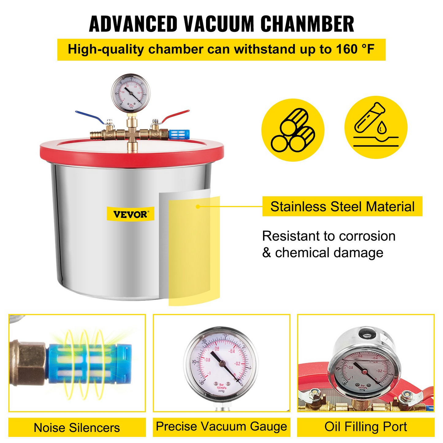 VEVOR 2 Gallon Vacuum Chamber With 5CFM Single-Pole Vacuum Pump, Acylic Lid Easy to Observe, Suitable For Silica and Resin, Not For Corrosive Chemicals