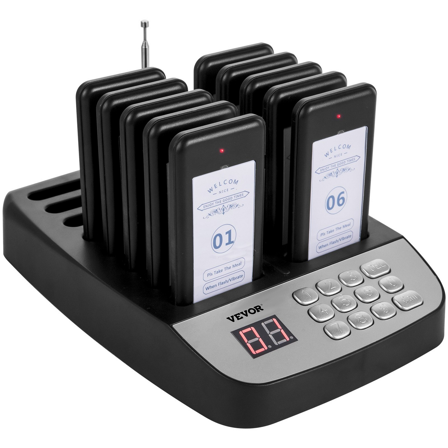 VEVOR F100 Restaurant Pager System 10 Pagers, Max 98 Beepers Wireless Calling System, Set with Vibration, Flashing and Buzzer for Church, Nurse,Hospital & Hotel