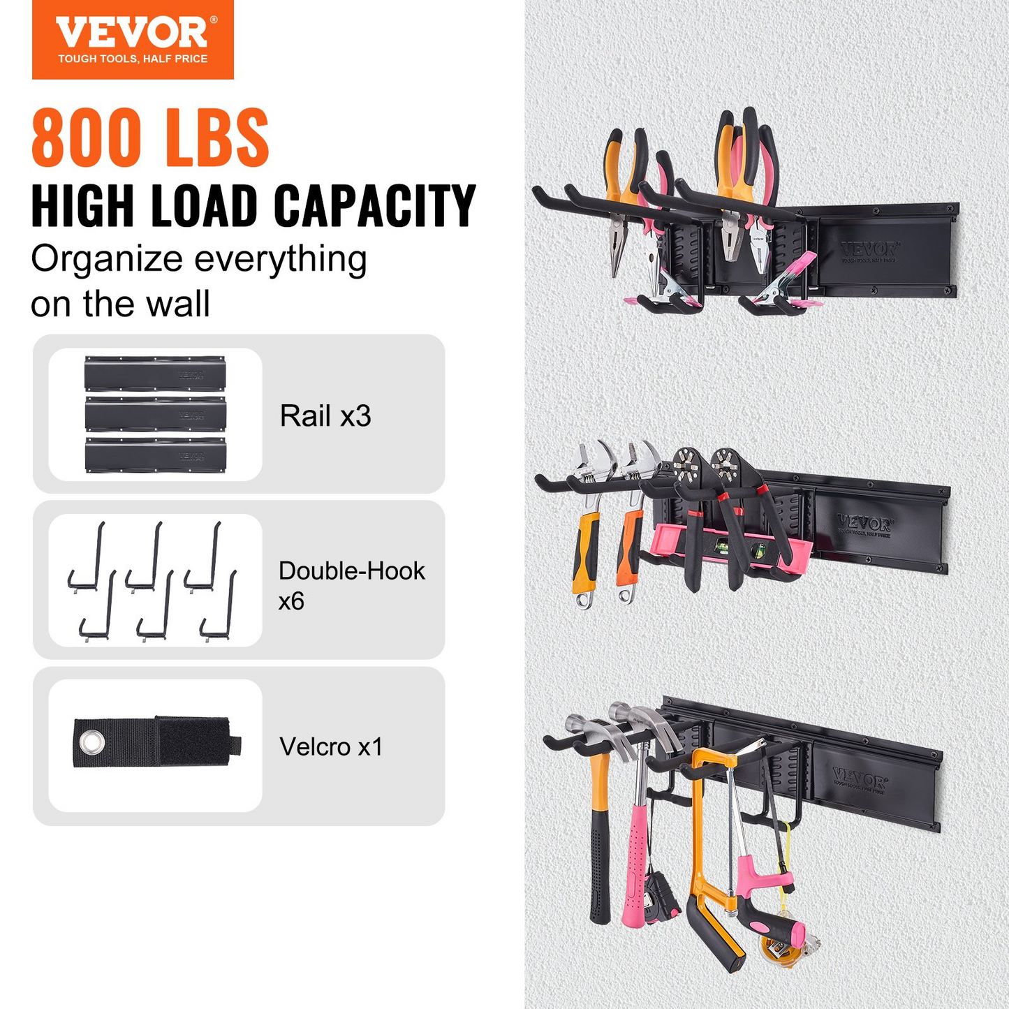 VEVOR Garage Tool Organizer, 800 lbs Max Load Capacity, Wall Mount Yard Garden Storage Rack Organization Heavy Duty with 6 Adjustable Hooks and 3 Rails, for Garden Tools, Shovels, Trimmers, and Hoses