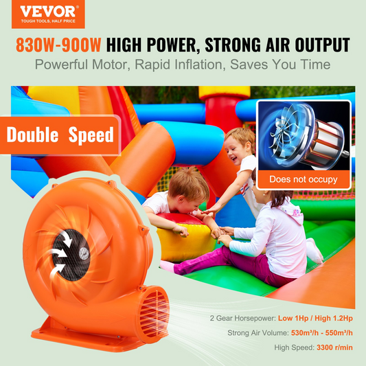 VEVOR Inflatable Blower, 950W, 1 & 1.2 HP Bounce House Blower, Pump Commercial Air Blower for Inflatables, 3300 RPM Bouncy Castle Electric Fan Perfect for Bounce House, Waterslides, ETL Listed