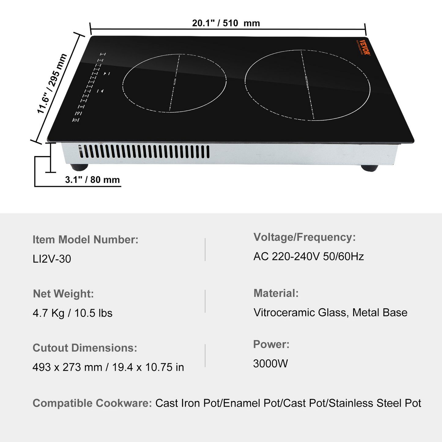 VEVOR Electric Cooktop, 2 Burners, 12'' Induction Stove Top, Built-in Magnetic Cooktop 3000W, 9 Heating Level Multifunctional Burner, LED Touch Screen w/ Child Lock & Over-Temperature Protection