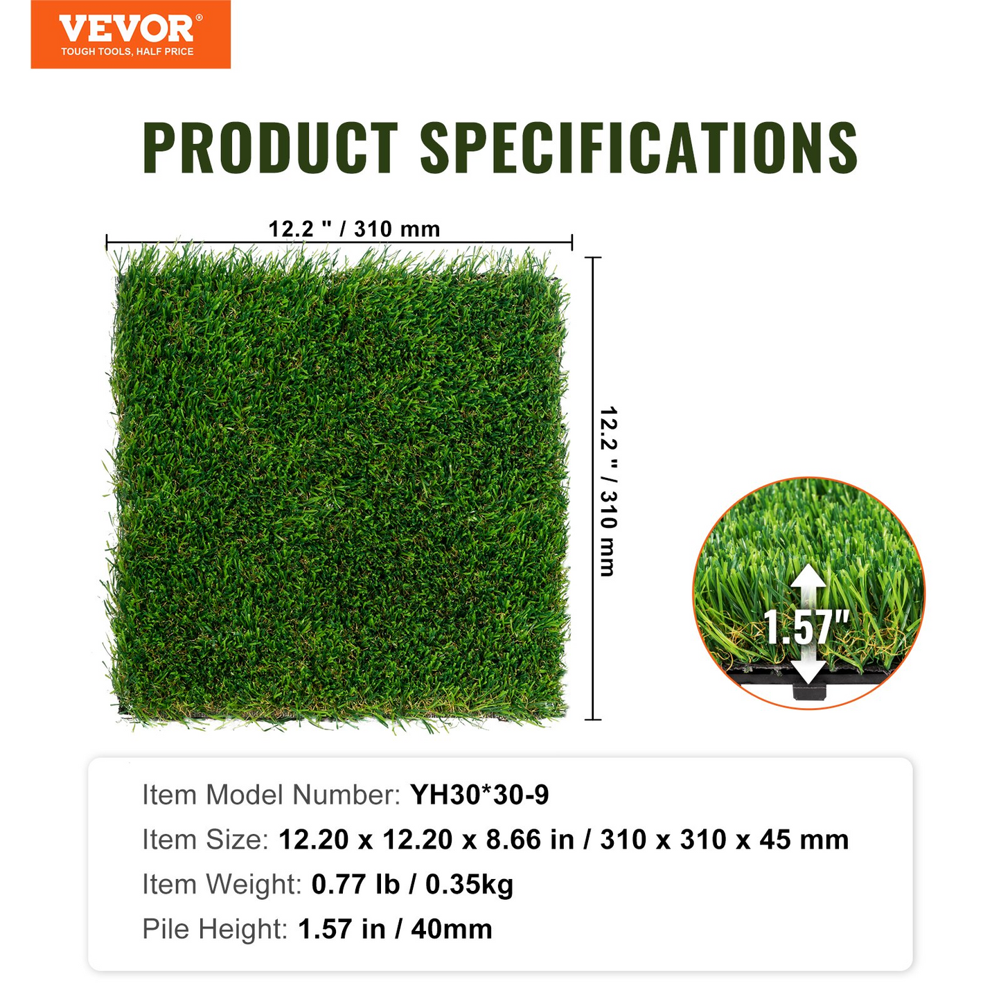 VEVOR Artifical Grass Tiles Interlocking Turf Deck Set, 9 Pack - 12"x12", Synthetic Fake Grass Self-draining Mat Flooring Decor Pad, Perfect For Multi-Purpose Indoor Outdoor Entryway Scraper Dog Mats