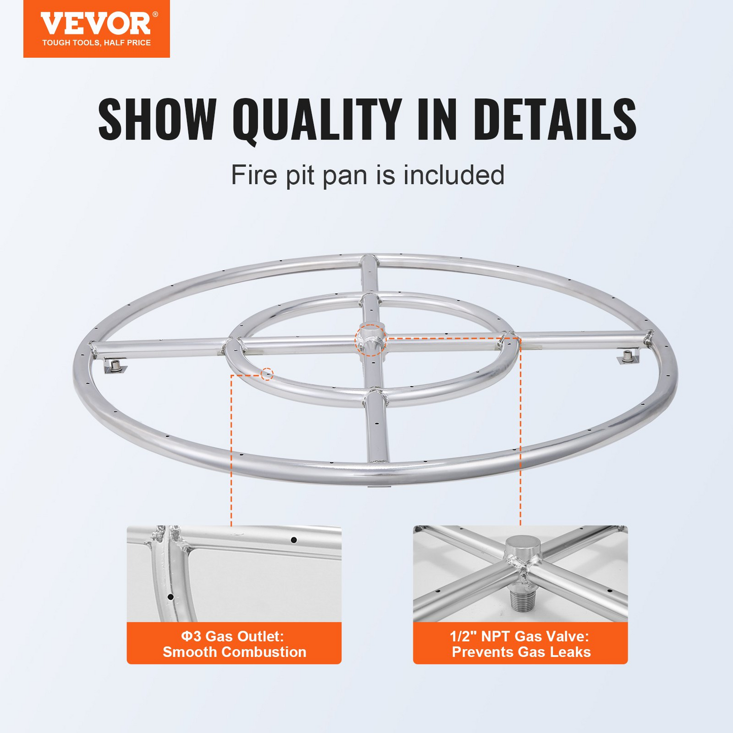 VEVOR 24 inch Round Drop-in Fire Pit Pan, Stainless Steel Fire Pit Burner, Natural & Propane Gas Fire Pan 92,000 BTU, for Indoor or Outdoor Use