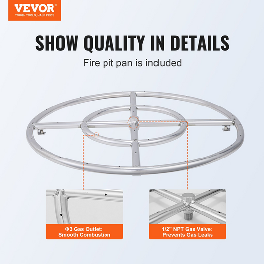 VEVOR 24 inch Round Drop-in Fire Pit Pan, Stainless Steel Fire Pit Burner, Natural & Propane Gas Fire Pan 92,000 BTU, for Indoor or Outdoor Use