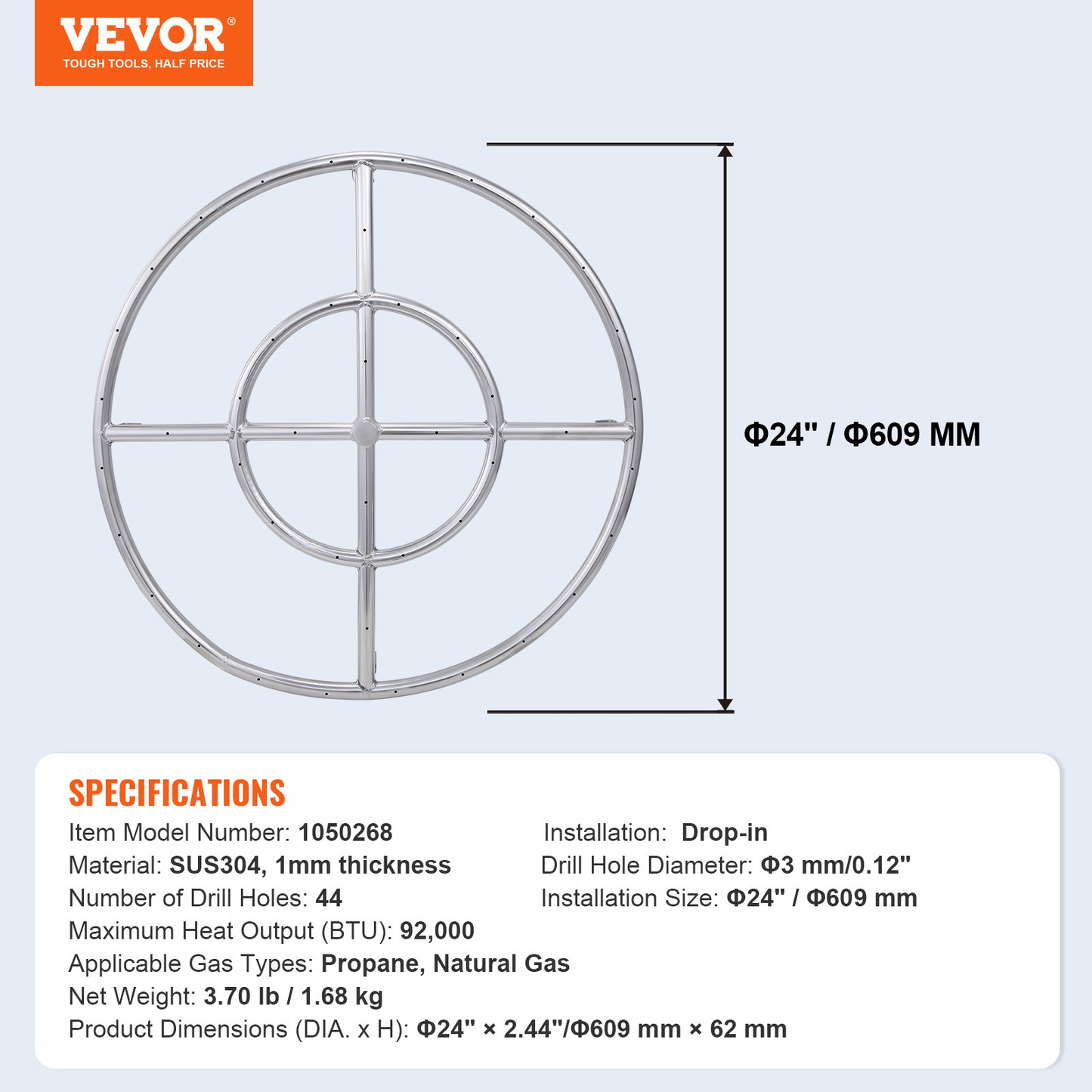 VEVOR 24 inch Round Drop-in Fire Pit Pan, Stainless Steel Fire Pit Burner, Natural & Propane Gas Fire Pan 92,000 BTU, for Indoor or Outdoor Use