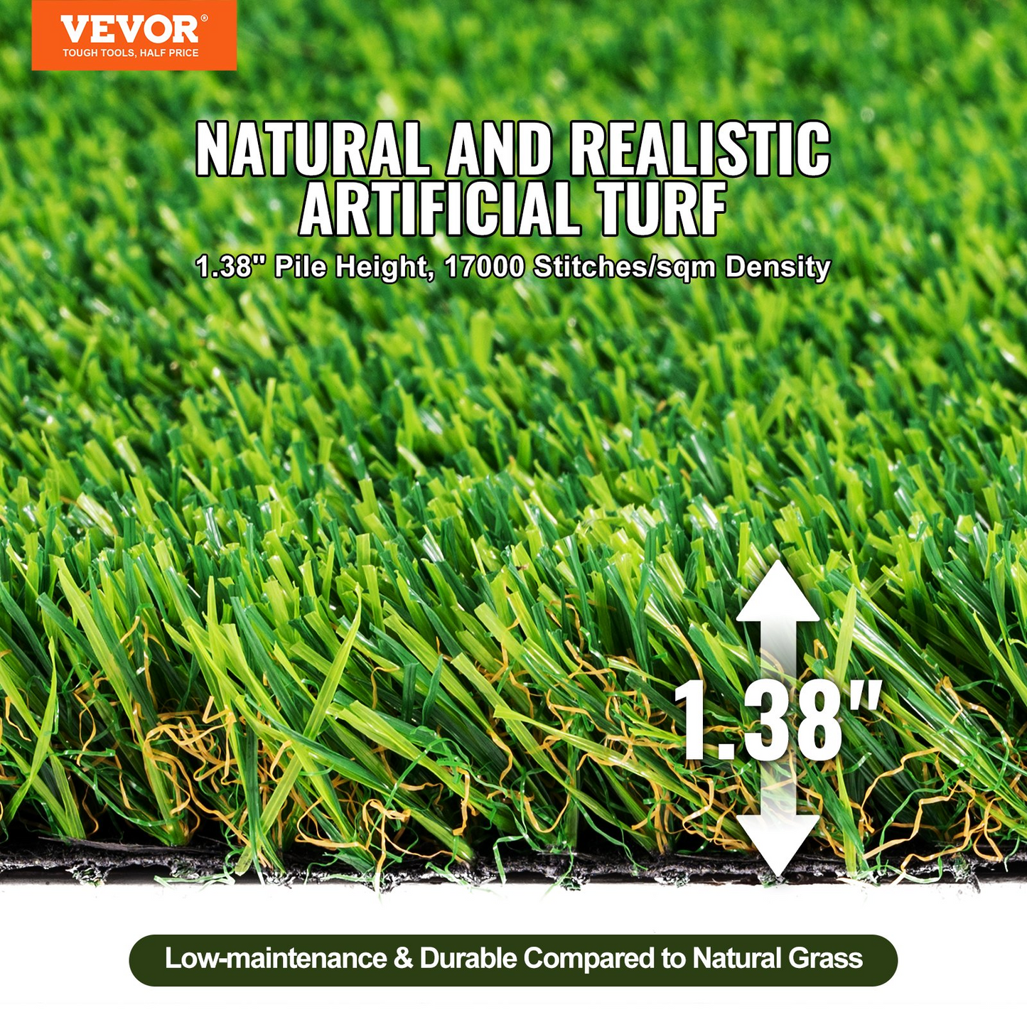 VEVOR Artifical Grass, 5 x 10 ft Rug Green Turf, 1.38"Fake Door Mat Outdoor Patio Lawn Decoration, Easy to Clean with Drainage Holes, Perfect For Multi-Purpose Home Indoor Entryway Scraper Dog Mats