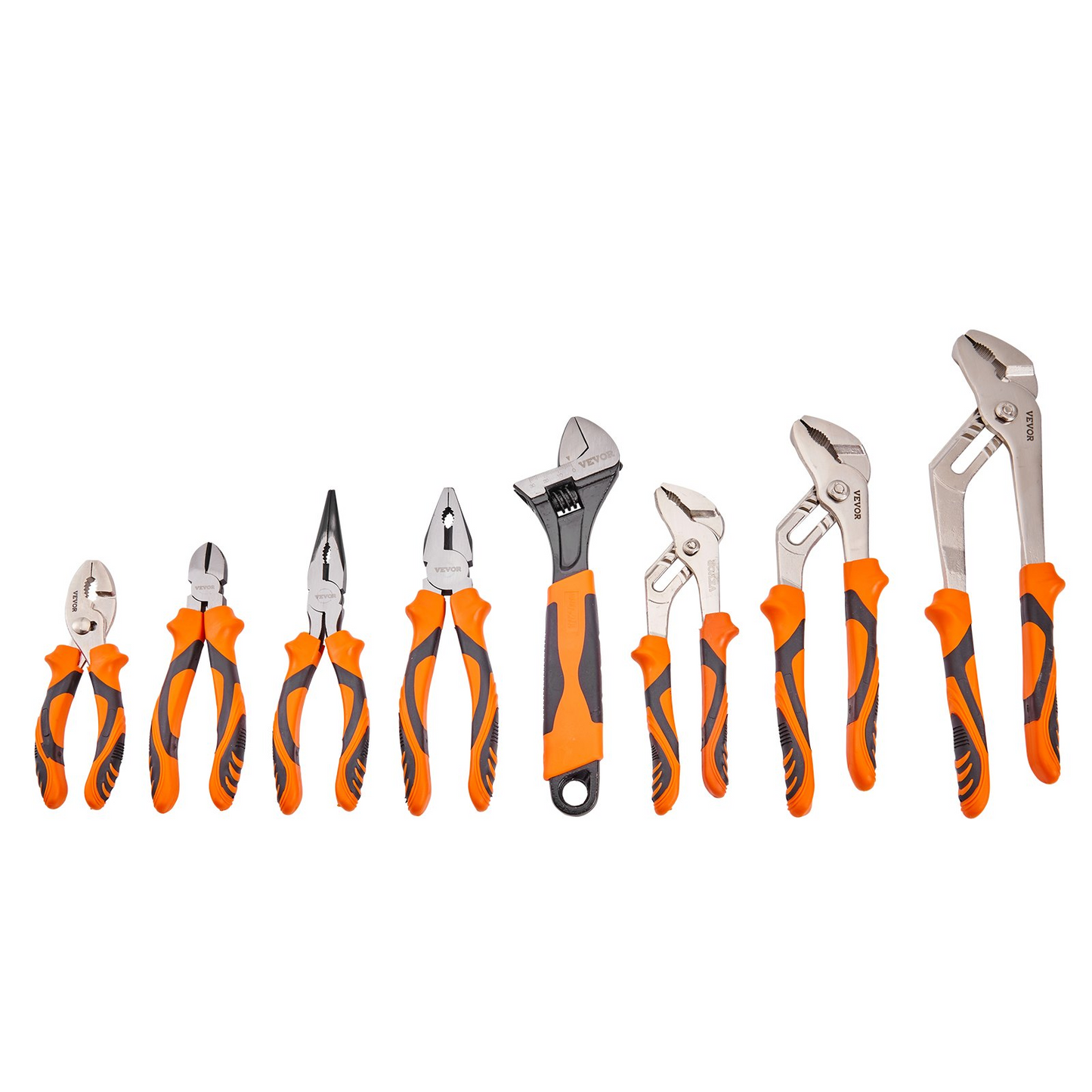 VEVOR 8-Piece Pliers Set, High Carbon Steel, 12"/10"/8" Groove Joint Pliers, 8" Linesman's Pliers, 6" Slip Joint Pliers, 8" Long Nose Pliers, 6" Diagonal Cutter, 10" Adjustable Wrench, and Tool Bag