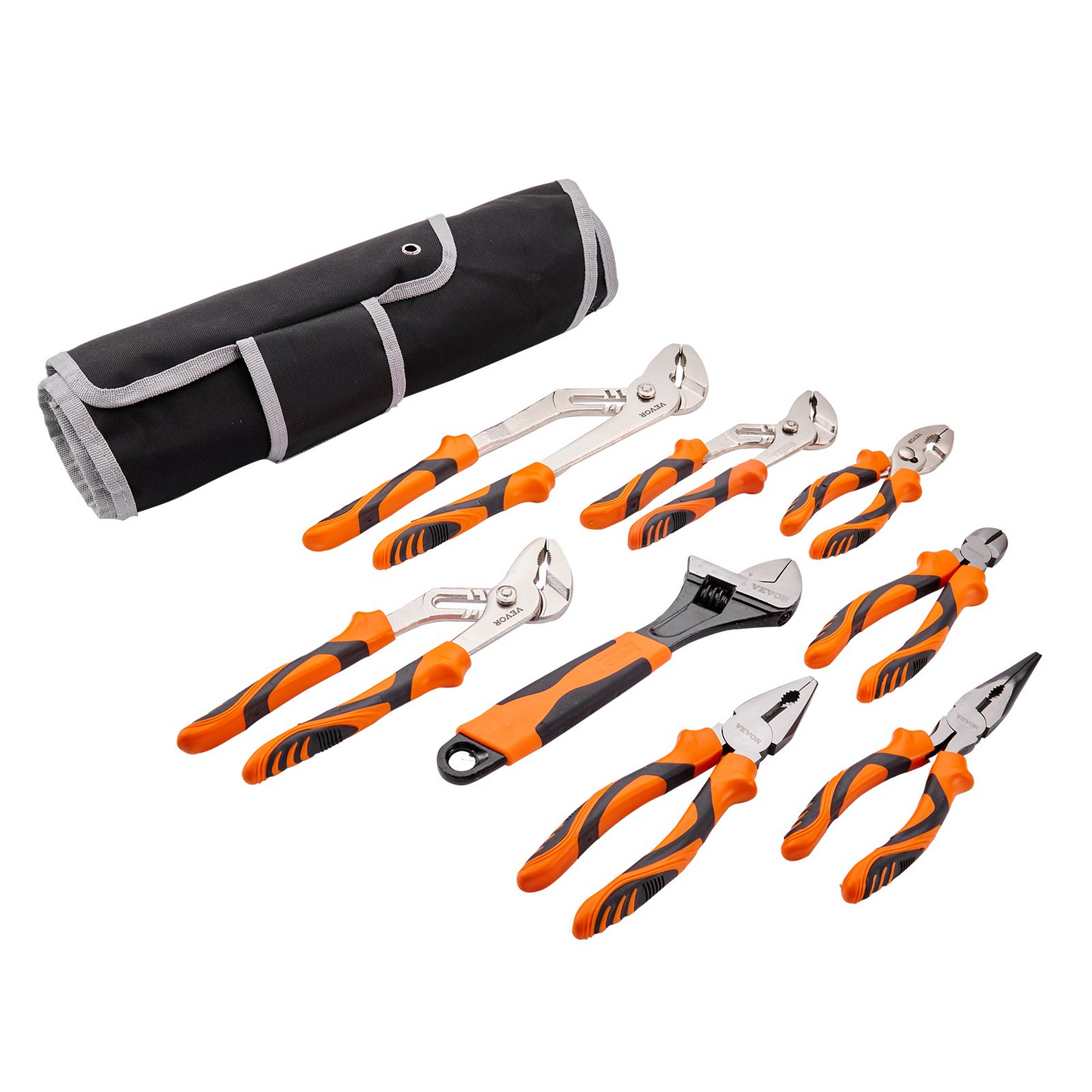 VEVOR 8-Piece Pliers Set, High Carbon Steel, 12"/10"/8" Groove Joint Pliers, 8" Linesman's Pliers, 6" Slip Joint Pliers, 8" Long Nose Pliers, 6" Diagonal Cutter, 10" Adjustable Wrench, and Tool Bag