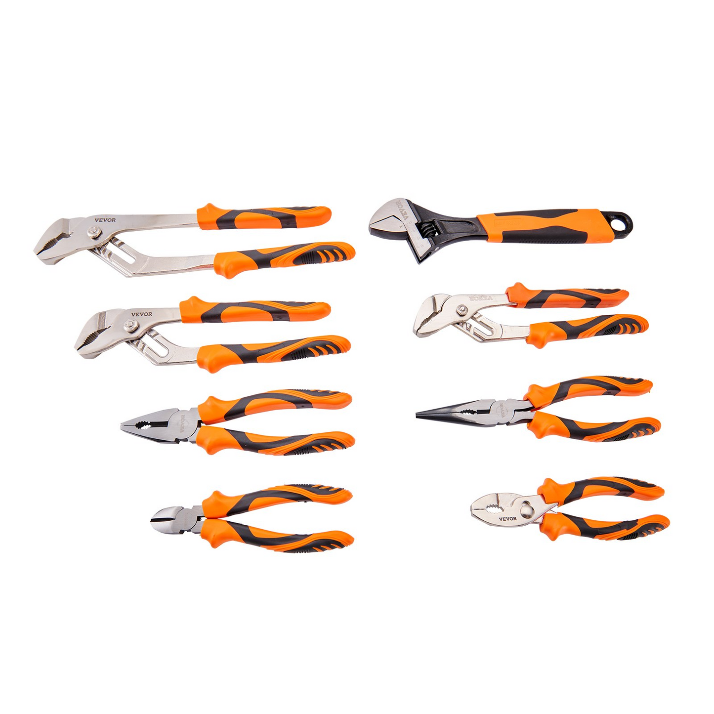 VEVOR 8-Piece Pliers Set, High Carbon Steel, 12"/10"/8" Groove Joint Pliers, 8" Linesman's Pliers, 6" Slip Joint Pliers, 8" Long Nose Pliers, 6" Diagonal Cutter, 10" Adjustable Wrench, and Tool Bag