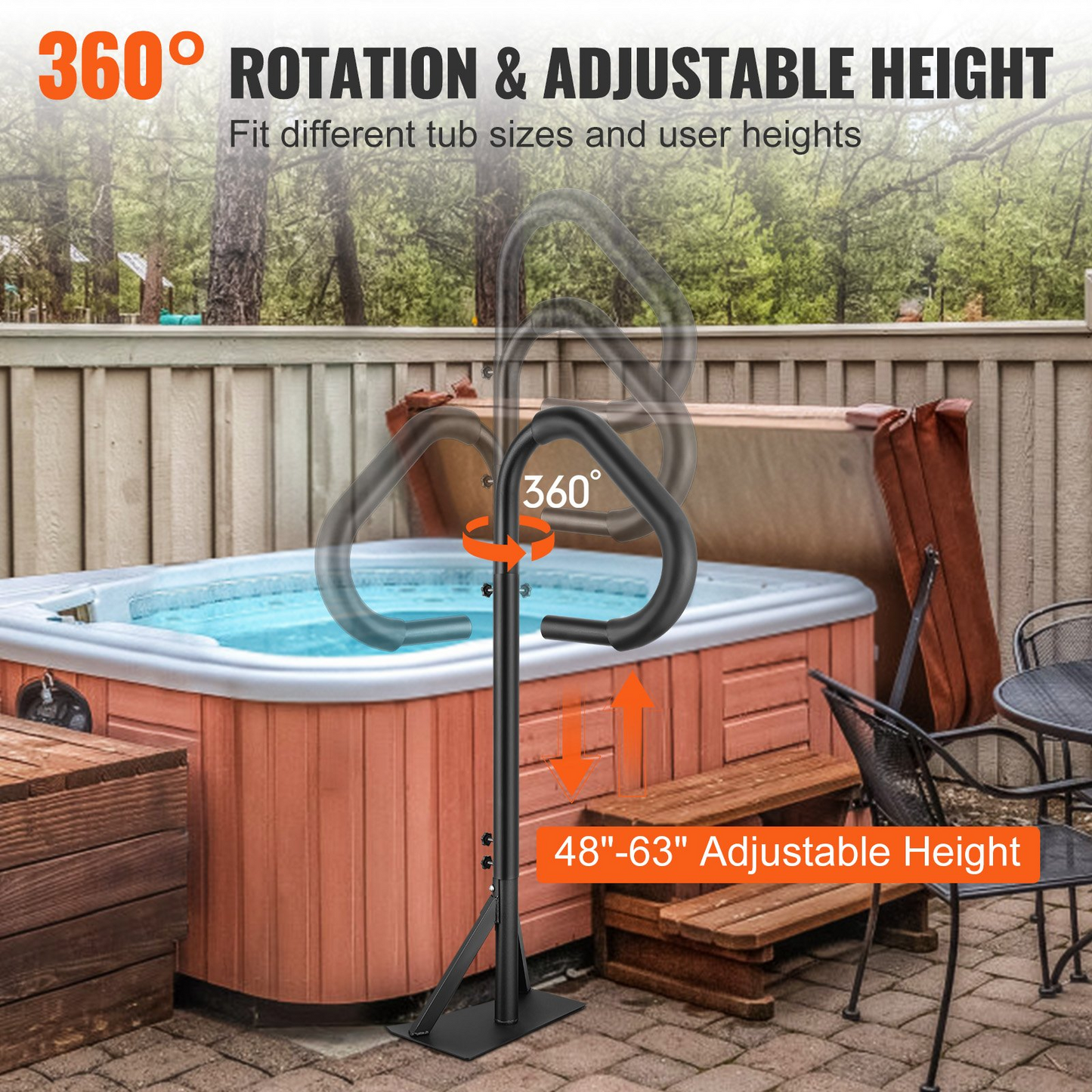 VEVOR Hot Tub Handrail, 360 Rotatable Spa Side Handrail with 48"-63" Adjustable Height, Rust-proof Aluminum Spa Step Hot Tub Hand Rail with Slide-Under Mount Base for Indoor & Outdoor, 600LBS Capacity