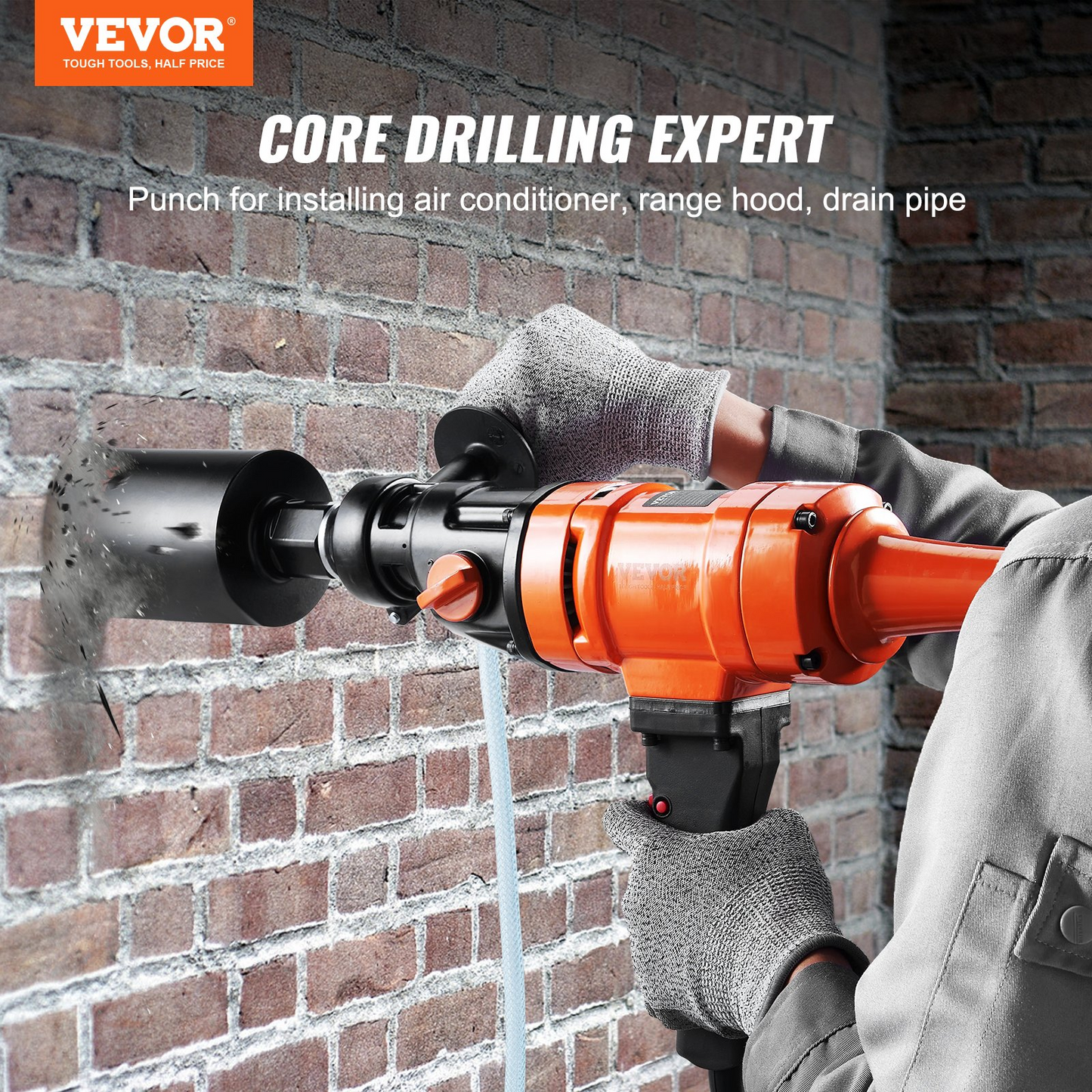 VEVOR Diamond Core Drilling Machine, 4in Handheld Wet Concrete Core Drill Rig, 1100-2400RPM Two Speed & 1-1/4" Thread & 2 Bubble Levels, 3-4in Drilling Diameter for Concrete Brick Block Stone, 1500W