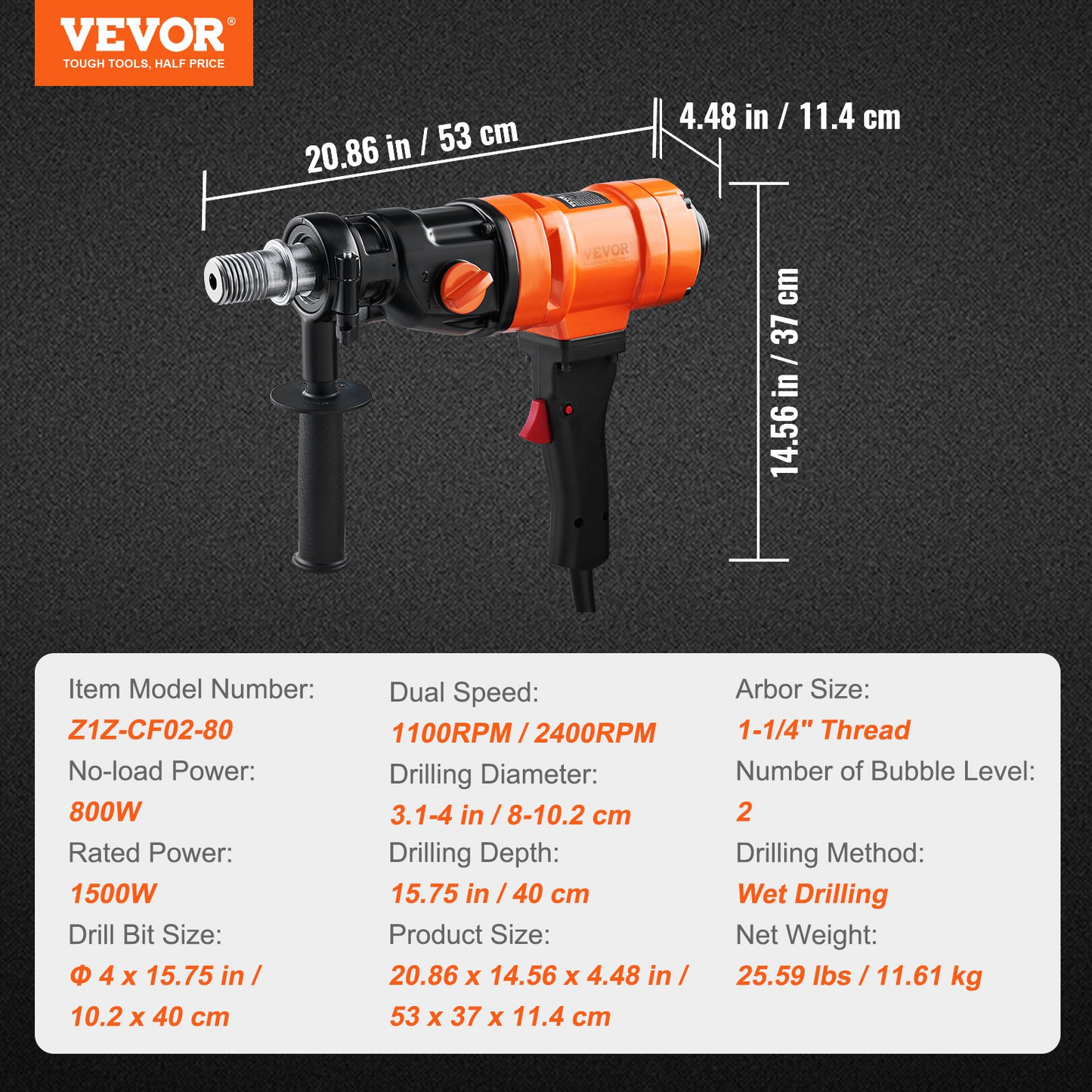 VEVOR Diamond Core Drilling Machine, 4in Handheld Wet Concrete Core Drill Rig, 1100-2400RPM Two Speed & 1-1/4" Thread & 2 Bubble Levels, 3-4in Drilling Diameter for Concrete Brick Block Stone, 1500W