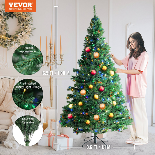 VEVOR Christmas Tree, 6.5ft Prelit Artificial Xmas Tree, Full Holiday Decor Tree with 450 Multi-Color LED Lights, 1227 Branch Tips, Metal Base for Home Party Office Decoration