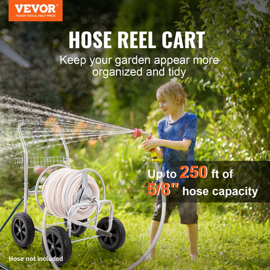 VEVOR Hose Reel Cart, Hold Up to 250 ft of 5/8’’ Hose, Garden Water Hose Carts Mobile Tools with 4 Wheels, Heavy Duty Powder-coated Steel Outdoor Planting with Storage Basket, for Garden, Yard, Lawn