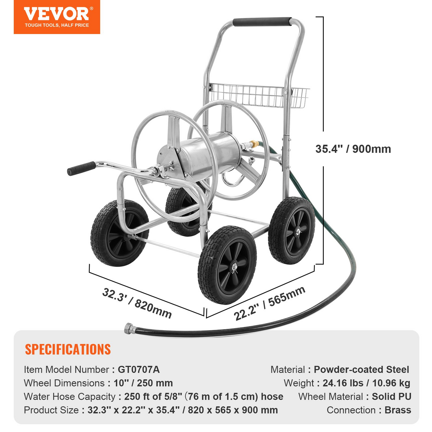 VEVOR Hose Reel Cart, Hold Up to 250 ft of 5/8’’ Hose, Garden Water Hose Carts Mobile Tools with 4 Wheels, Heavy Duty Powder-coated Steel Outdoor Planting with Storage Basket, for Garden, Yard, Lawn