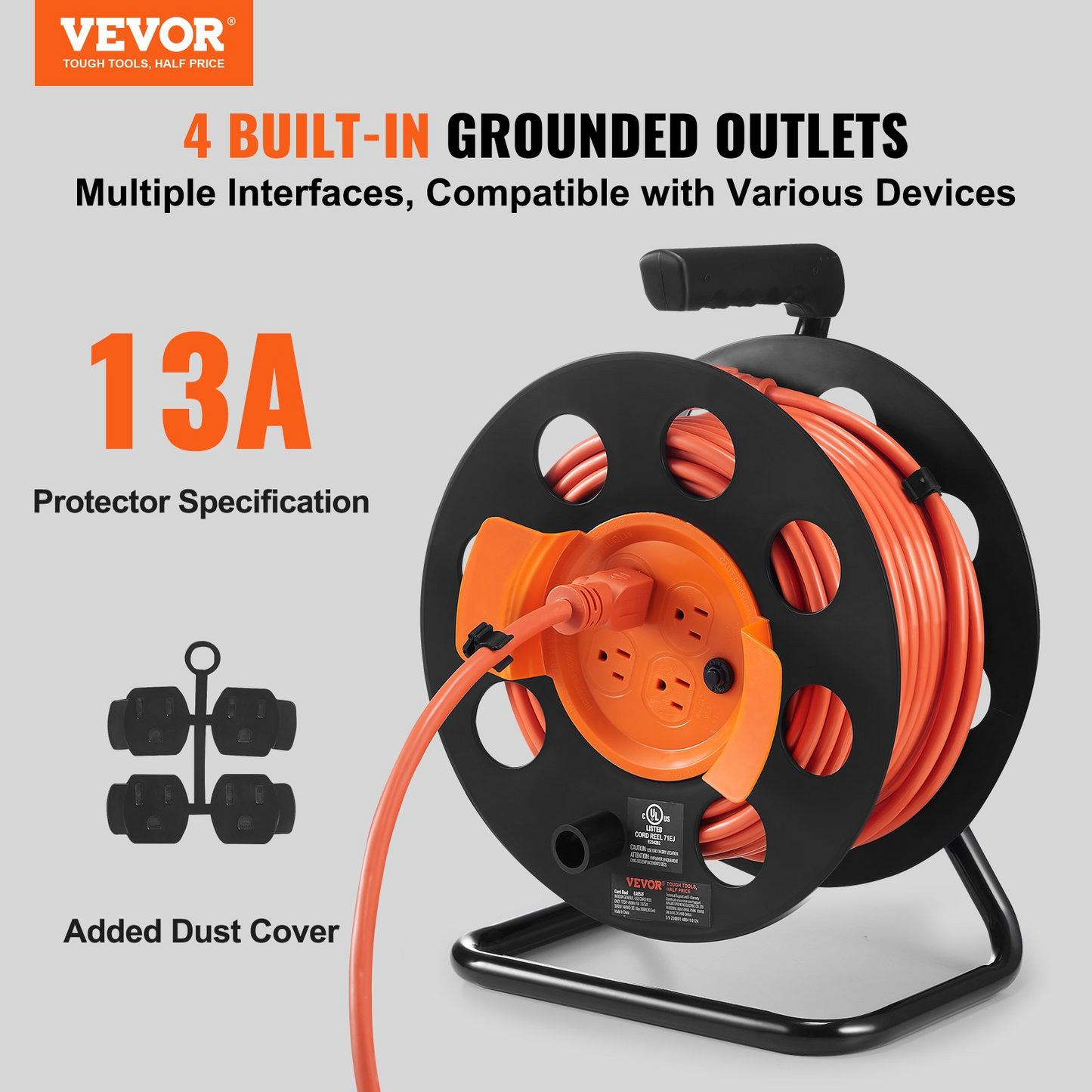 VEVOR Extension Cord Reel, 100FT, with 4 Outlets and Dust Cover, Heavy Duty 14AWG SJTOW Power Cord, Manual Cord Reel with Portable Handle Circuit Breaker, for Toolshed Garage, Tested to UL Standards