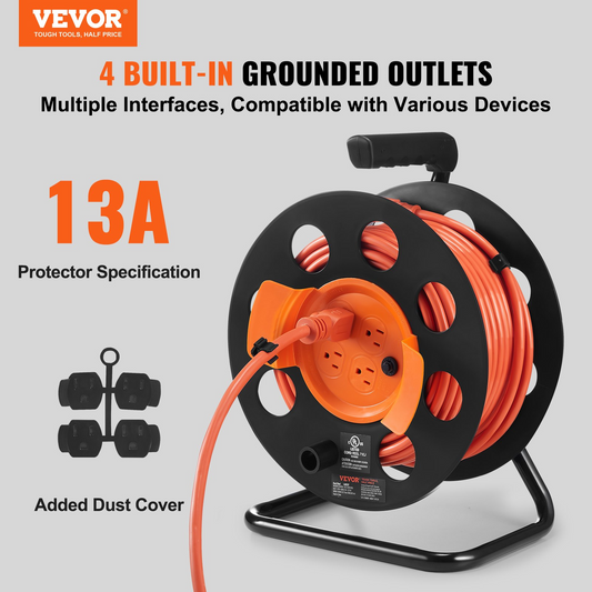 VEVOR Extension Cord Reel, 100FT, with 4 Outlets and Dust Cover, Heavy Duty 14AWG SJTOW Power Cord, Manual Cord Reel with Portable Handle Circuit Breaker, for Toolshed Garage, Tested to UL Standards