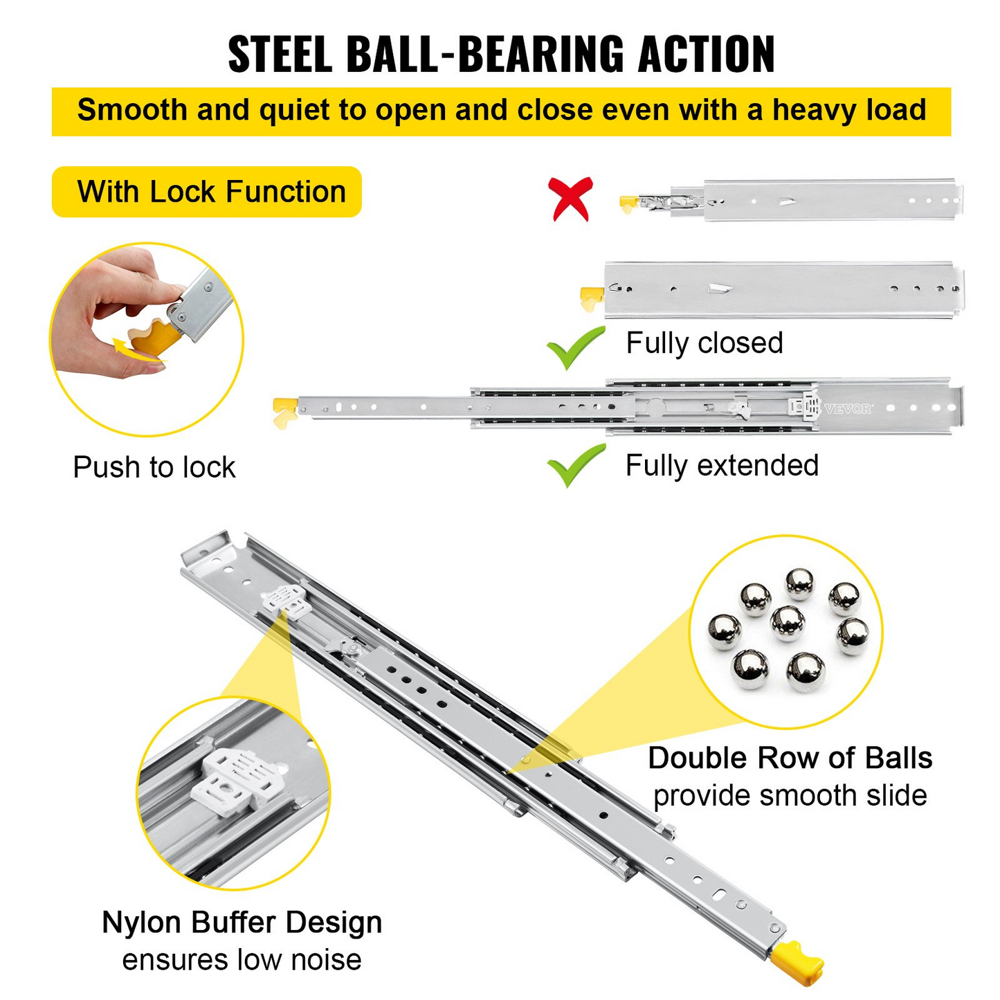 VEVOR Drawer Slides with Lock, 1 Pair 48 inch, Heavy-Duty Industrial Steel up to 500 lbs Capacity, 3-Fold Full Extension, Ball Bearing Lock-in & Lock-Out, Side Mount