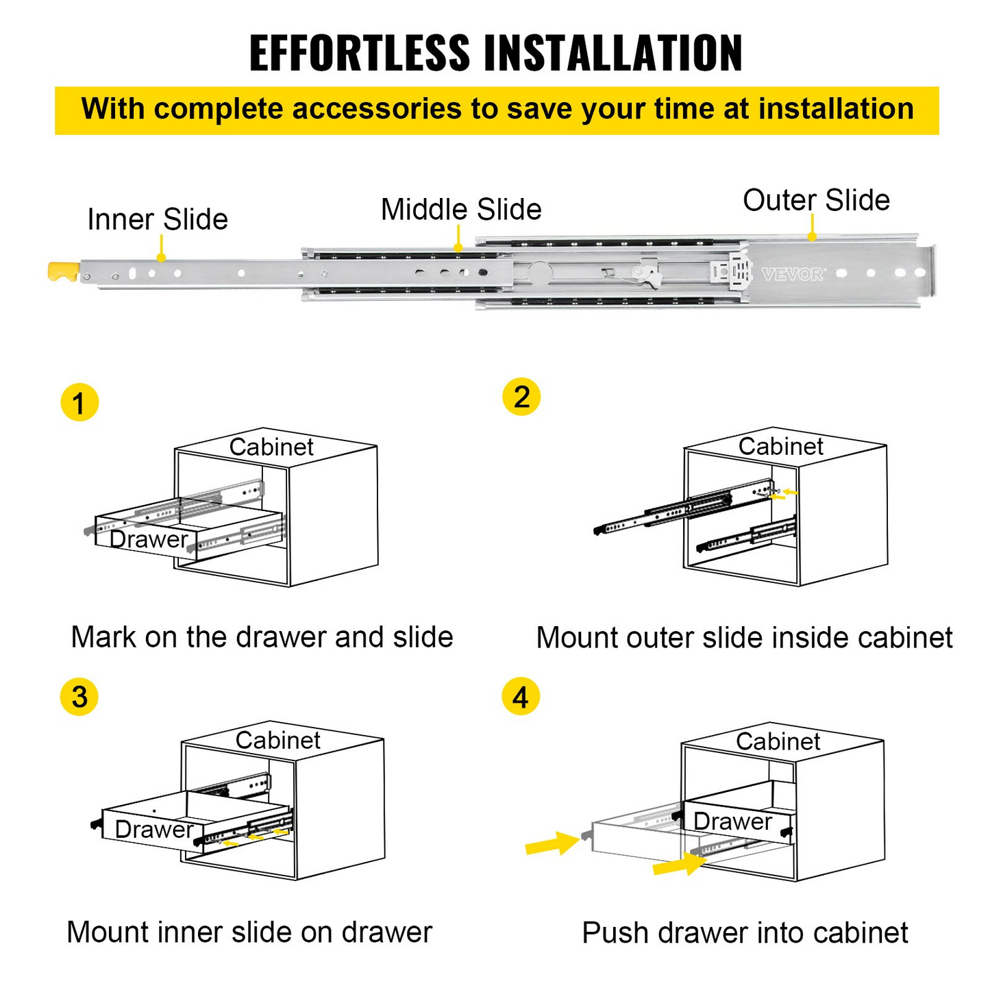 VEVOR Drawer Slides with Lock, 1 Pair 48 inch, Heavy-Duty Industrial Steel up to 500 lbs Capacity, 3-Fold Full Extension, Ball Bearing Lock-in & Lock-Out, Side Mount