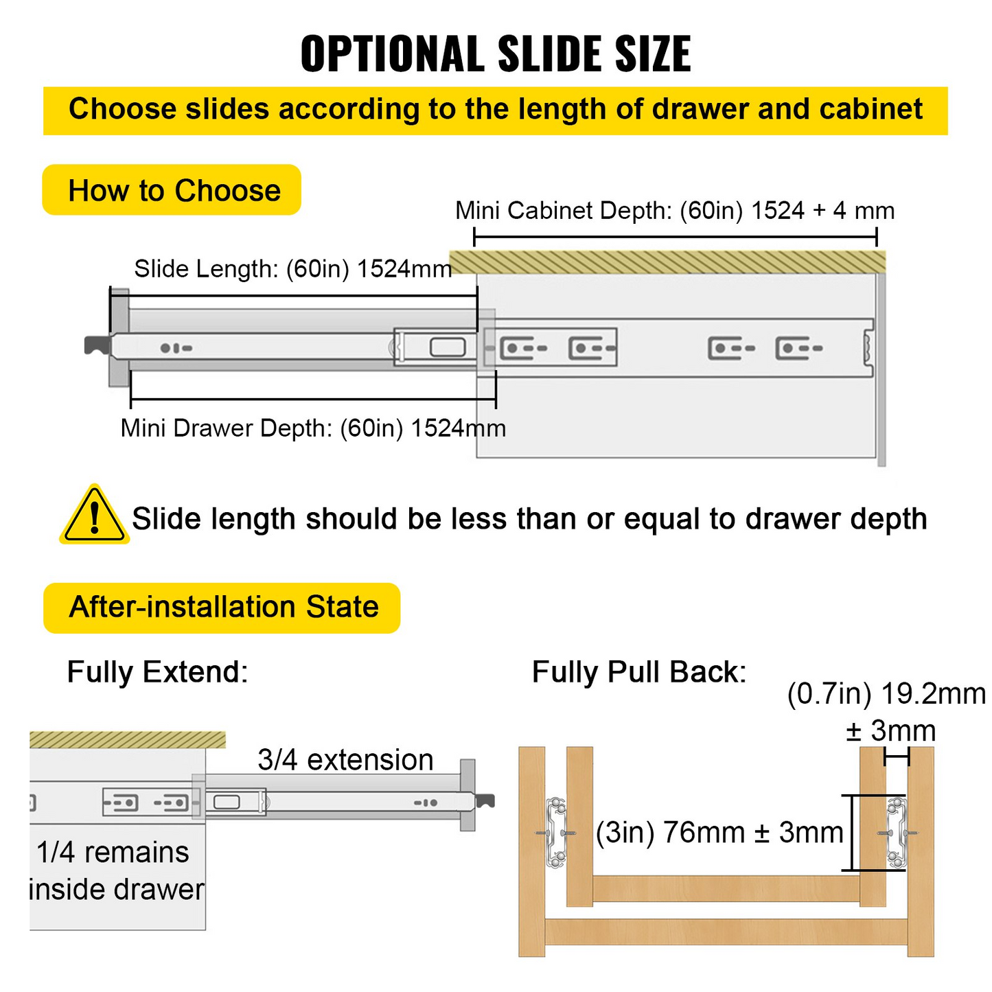 VEVOR Drawer Slides with Lock, 1 Pair 60 inch, Heavy-Duty Industrial Steel up to 500 lbs Capacity, 3-Fold Full Extension, Ball Bearing Lock-in & Lock-Out, Side Mount