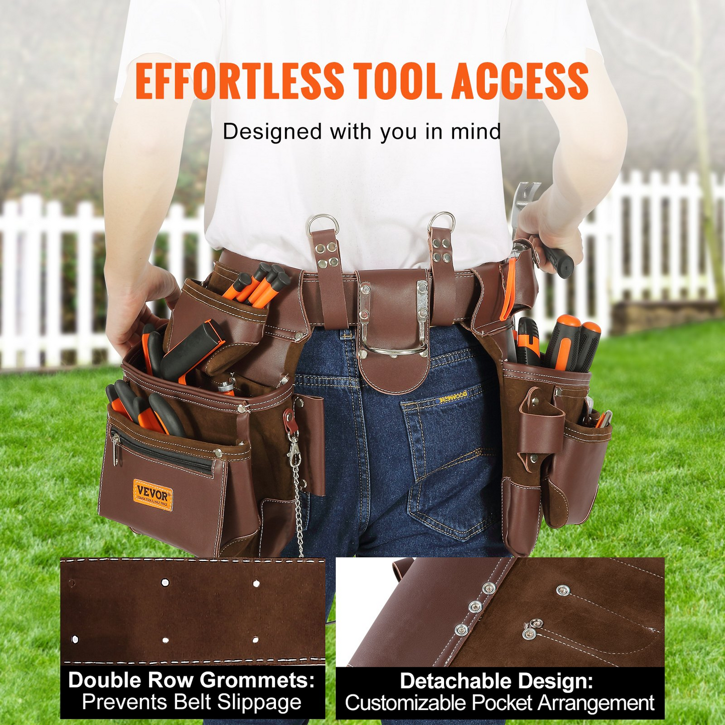 VEVOR Tool Belt, 22 Pockets, Adjust from 29 Inches to 54 Inches, Premium PU Heavy Duty Tool Pouch Bag, Detachable Tool Bag for Electrician, Carpenter, Handyman, Woodworker, Construction, Framer, Brown