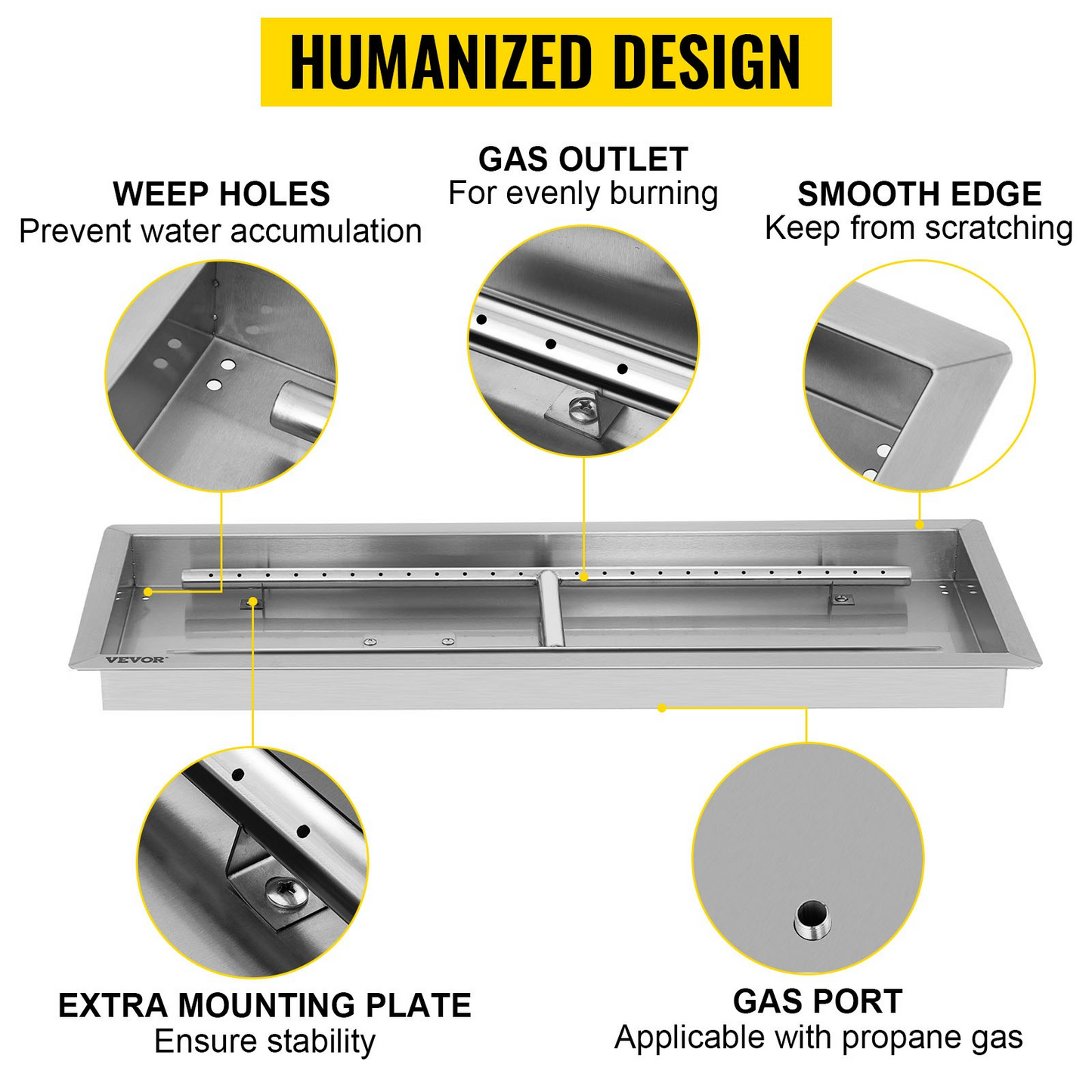 VEVOR Fire Pit Pan 37.5x14 Inch, Stainless Steel Rectangular Fire Pit Pan and Burner, Built-in Fire Pit Pan with H-Burner, 150K BTU