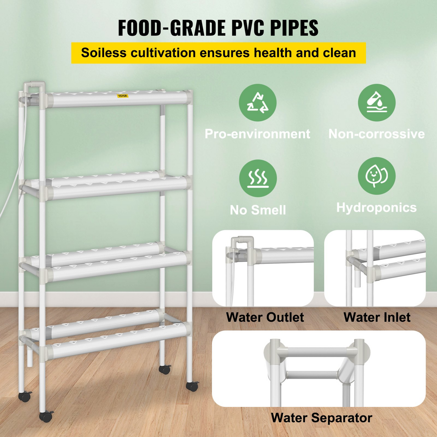 VEVOR Hydroponics Growing System, 72 Sites 8 Food-Grade PVC-U Pipes, 4 Layers Indoor Planting Kit with Water Pump, Timer, Nest Basket, Sponge, for Fruits, Vegetables, Herbs, White