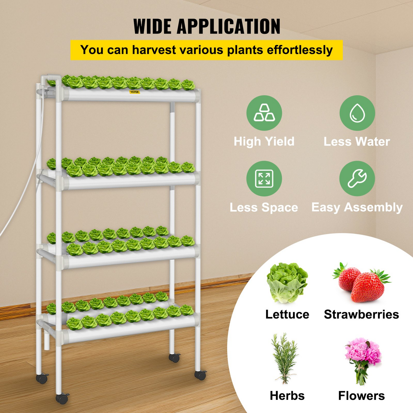 VEVOR Hydroponics Growing System, 72 Sites 8 Food-Grade PVC-U Pipes, 4 Layers Indoor Planting Kit with Water Pump, Timer, Nest Basket, Sponge, for Fruits, Vegetables, Herbs, White