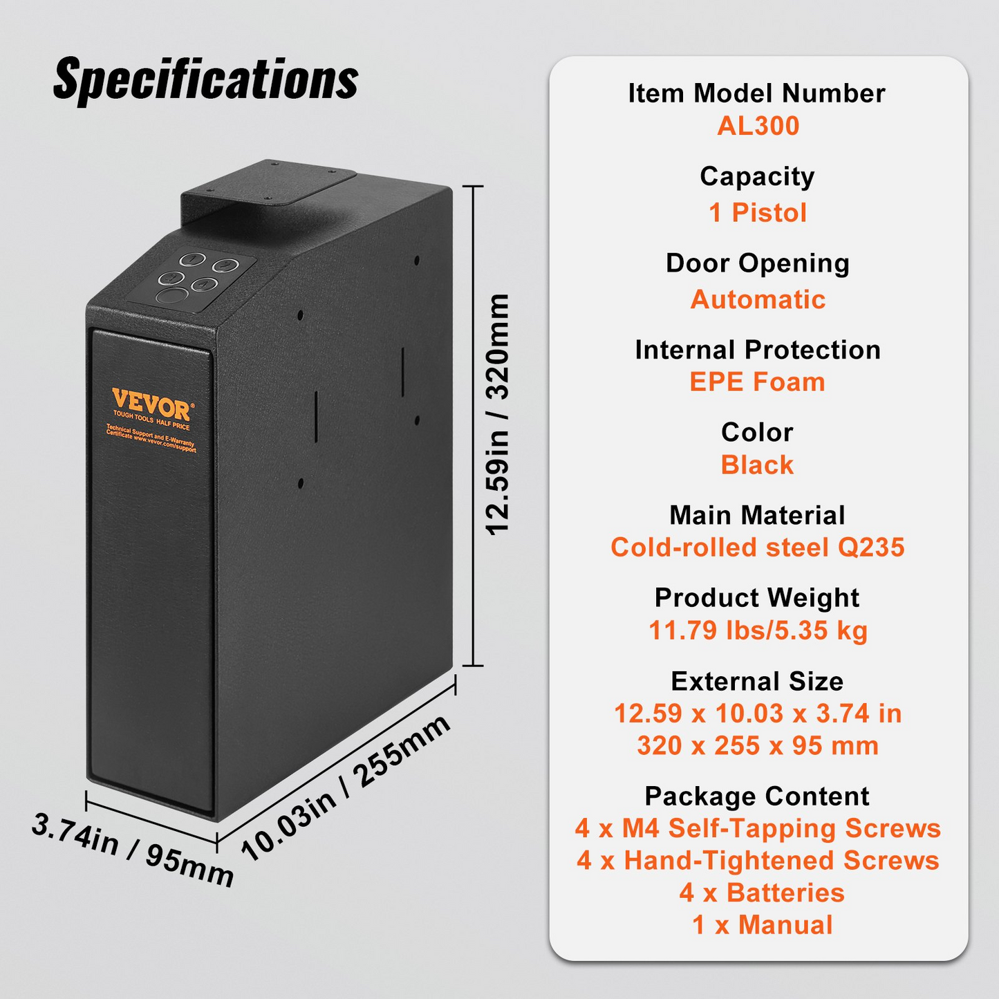 VEVOR Mounted Gun Safe for Pistols, Biometric Gun Safe with Three Quick Access Ways of Fingerprints, Passwords and Keys, Handgun Safe for 1 Pistol for Home, Bedside, Nightstand, Wall