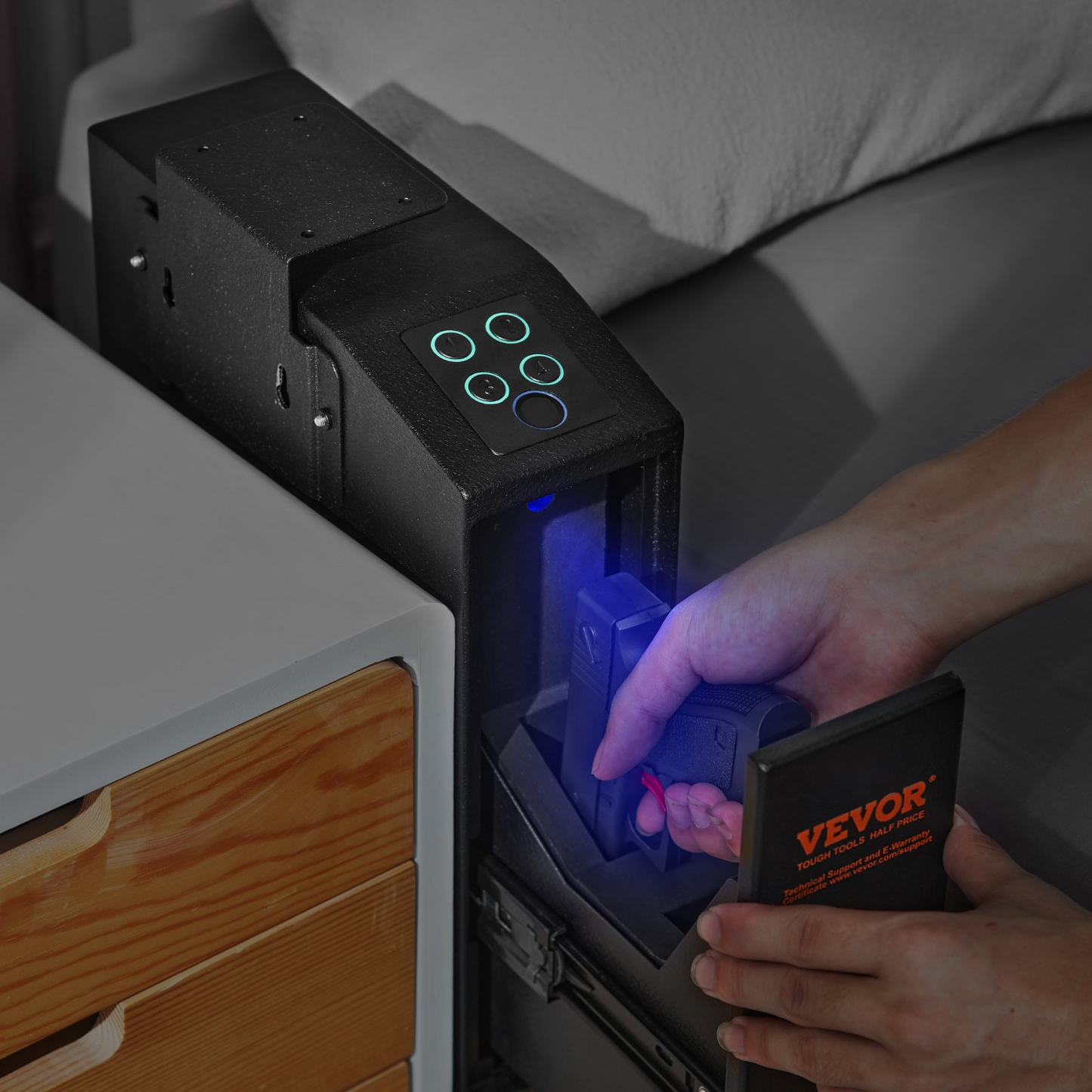 VEVOR Mounted Gun Safe for Pistols, Biometric Gun Safe with Three Quick Access Ways of Fingerprints, Passwords and Keys, Handgun Safe for 1 Pistol for Home, Bedside, Nightstand, Wall