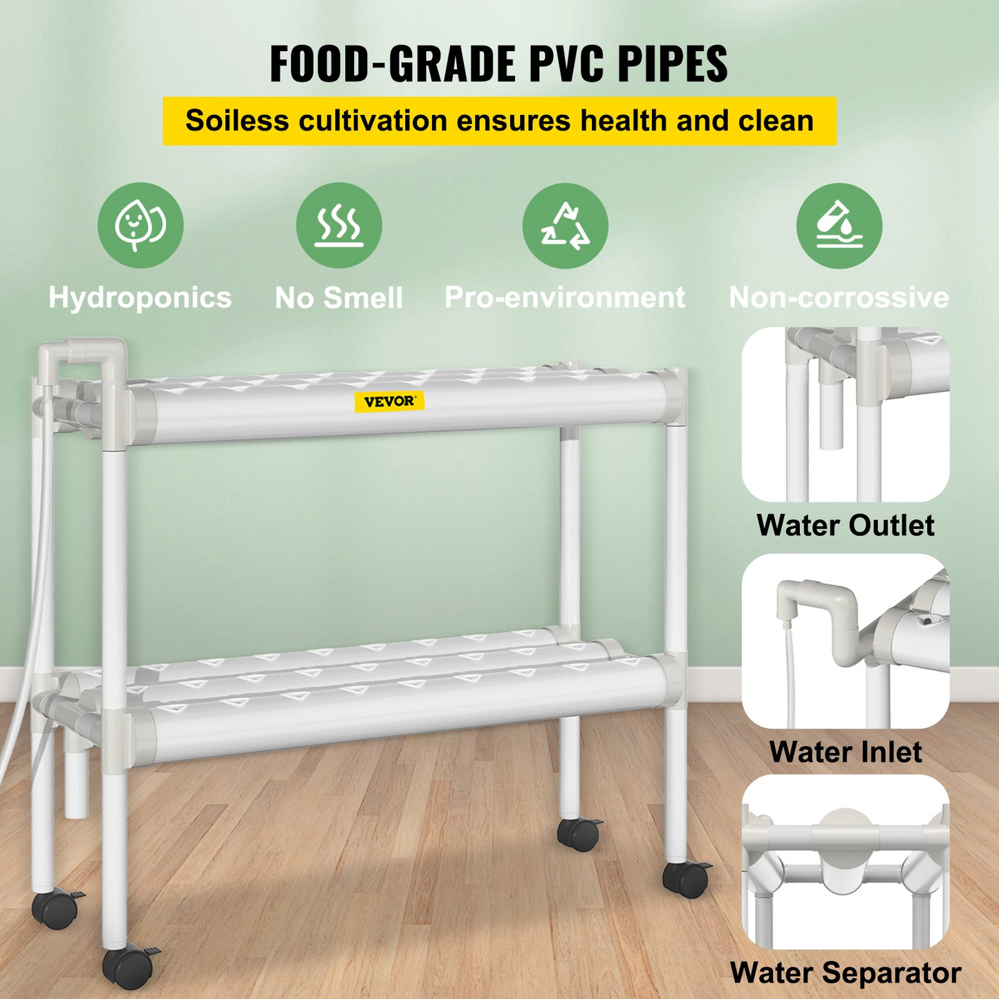 VEVOR Hydroponics Growing System, 54 Sites 6 Food-Grade PVC-U Pipes, 2 Layers Indoor Planting Kit with Water Pump, Timer, Nest Basket, Sponge for Fruits, Vegetables, Herb, White