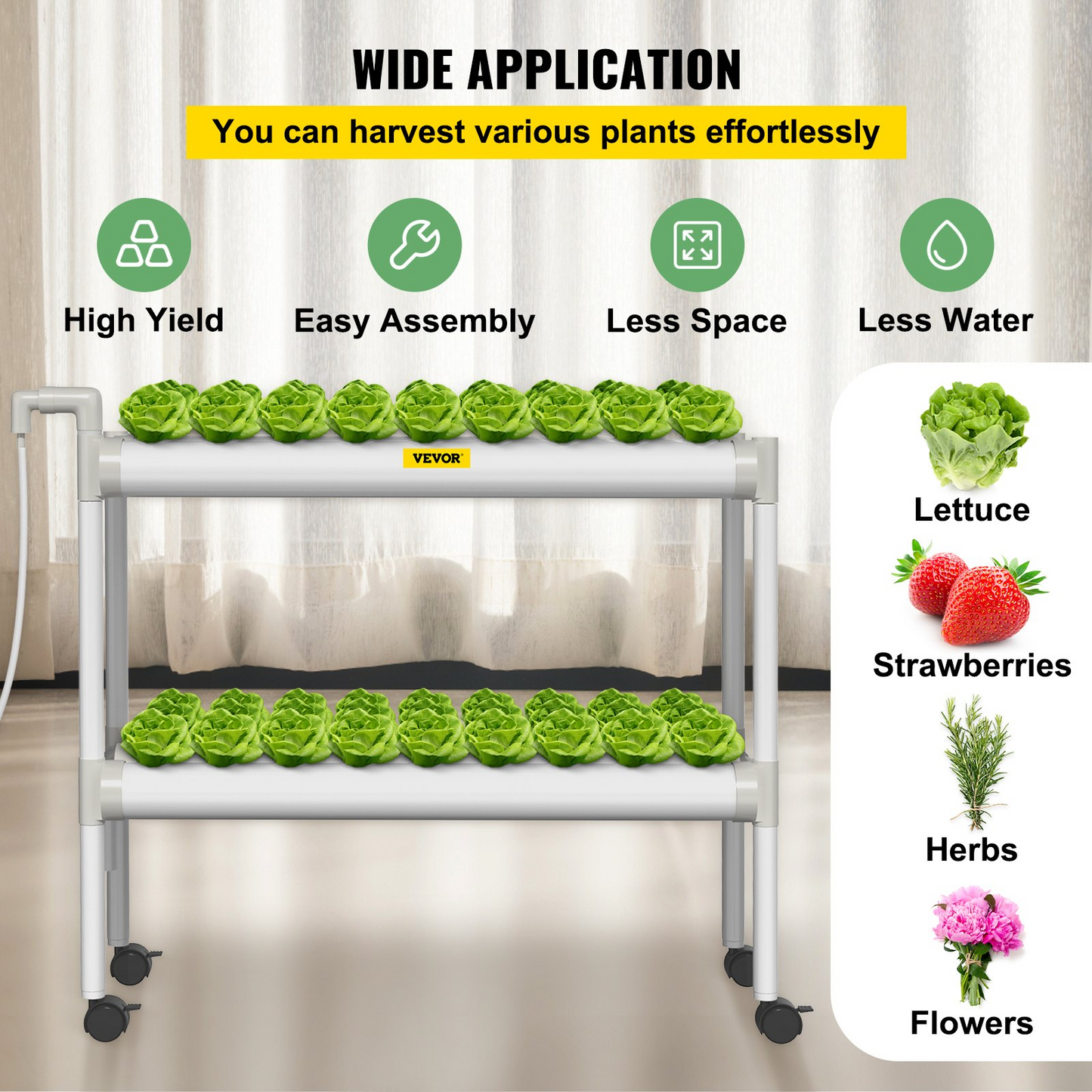 VEVOR Hydroponics Growing System, 54 Sites 6 Food-Grade PVC-U Pipes, 2 Layers Indoor Planting Kit with Water Pump, Timer, Nest Basket, Sponge for Fruits, Vegetables, Herb, White