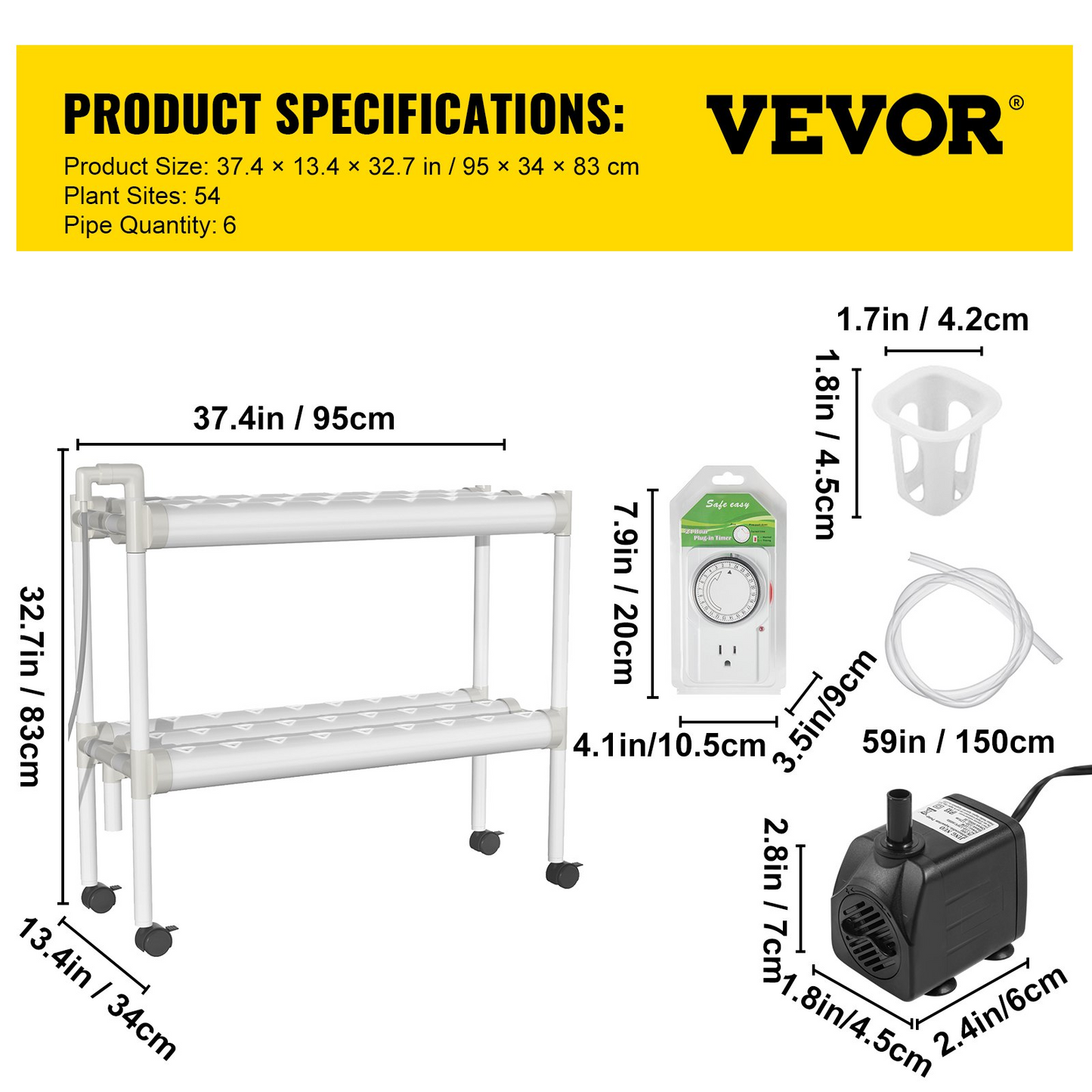 VEVOR Hydroponics Growing System, 54 Sites 6 Food-Grade PVC-U Pipes, 2 Layers Indoor Planting Kit with Water Pump, Timer, Nest Basket, Sponge for Fruits, Vegetables, Herb, White