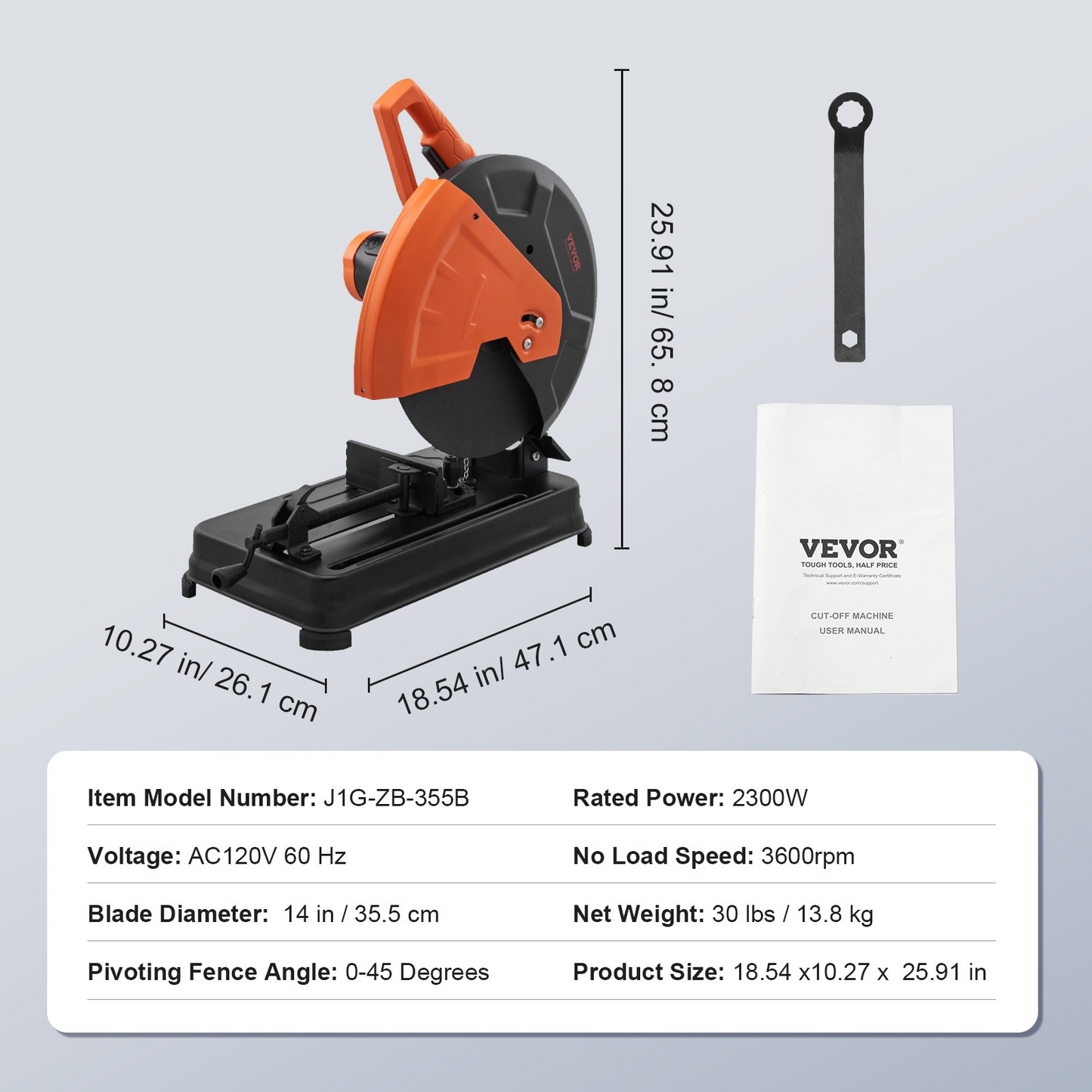 VEVOR Abrasive Chop Saw, 14"/355mm Blade Diameter Cut Off Saw, 2300W 3600RPM Steel Cutting Machine, 0-45° Adjustable Angle Miter Saw for Cutting Metal Cutting Chop Saw for Steel/Rebar/Iron/Aluminum