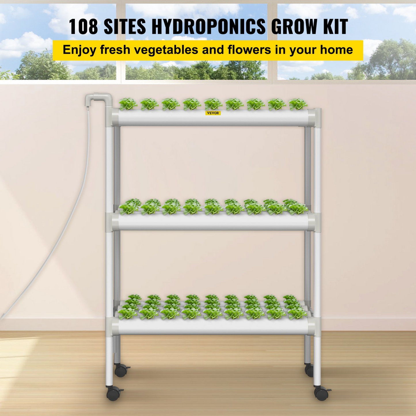 VEVOR Hydroponics Growing System, 108 Sites 12 Food-Grade PVC-U Pipes, 3 Layers Indoor Planting Kit with Water Pump, Timer, Nest Basket, Sponge, for Fruits, Vegetables, Herbs, White