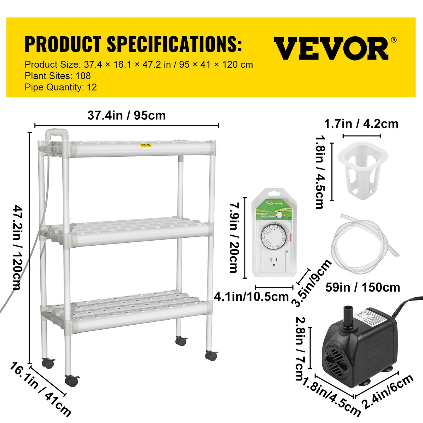 VEVOR Hydroponics Growing System, 108 Sites 12 Food-Grade PVC-U Pipes, 3 Layers Indoor Planting Kit with Water Pump, Timer, Nest Basket, Sponge, for Fruits, Vegetables, Herbs, White