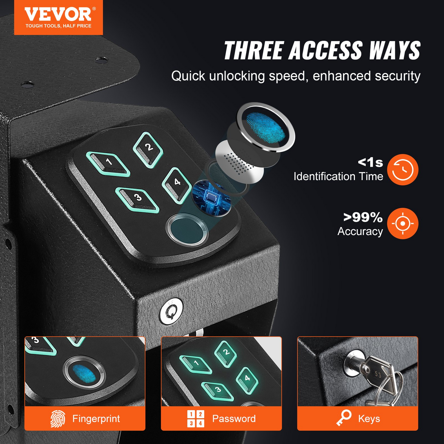 VEVOR Mounted Gun Safe for Pistols, Biometric Gun Safe with Three Quick Access Ways of Fingerprints, Passwords and Keys, Handgun Safe for 1 Pistol for Home, Bedside, Nightstand, Wall