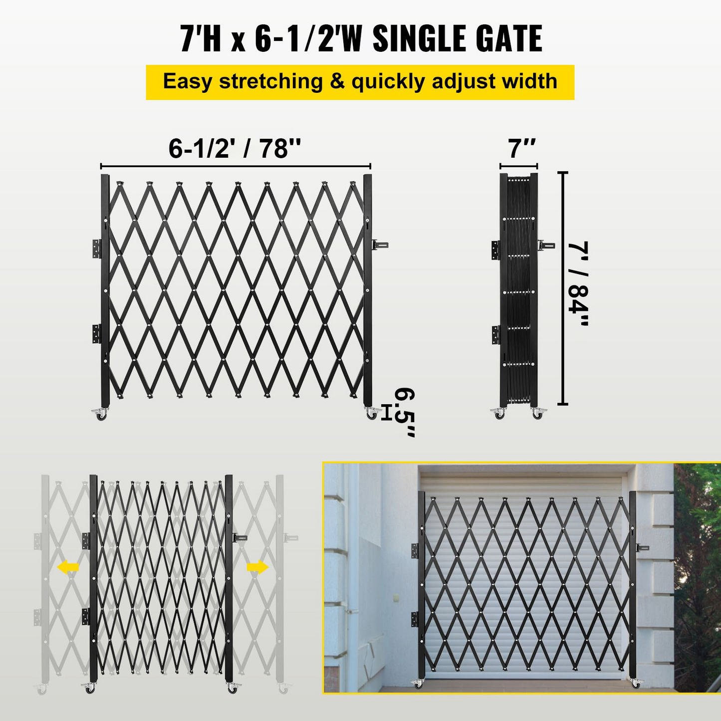 VEVOR Single Folding Security Gate, 7.1' H x 7.1' W （85 x 85 inch）Folding Door Gate, Steel Accordion Security Gate, Flexible Expanding Security Gate, 360° Rolling Barricade Gate, Scissor Gate/Door with Padlock