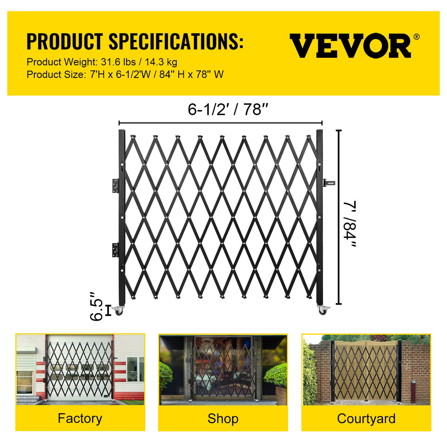 VEVOR Single Folding Security Gate, 7.1' H x 7.1' W （85 x 85 inch）Folding Door Gate, Steel Accordion Security Gate, Flexible Expanding Security Gate, 360° Rolling Barricade Gate, Scissor Gate/Door with Padlock