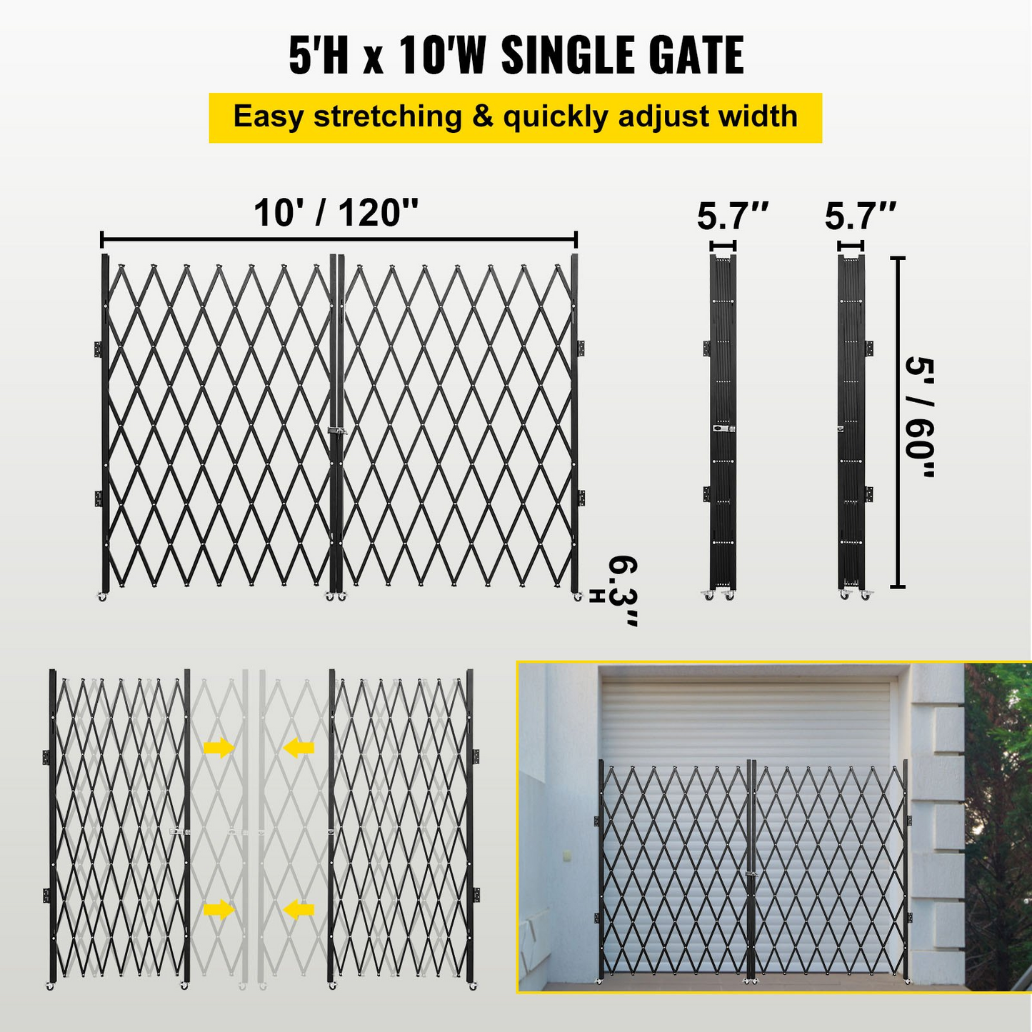 VEVOR Double Folding Security Gate, 5.1' H x 10.2' W Folding Door Gate, Steel Accordion Security Gate, Flexible Expanding Security Gate, 360° Rolling Barricade Gate, Scissor Gate or Door with Keys