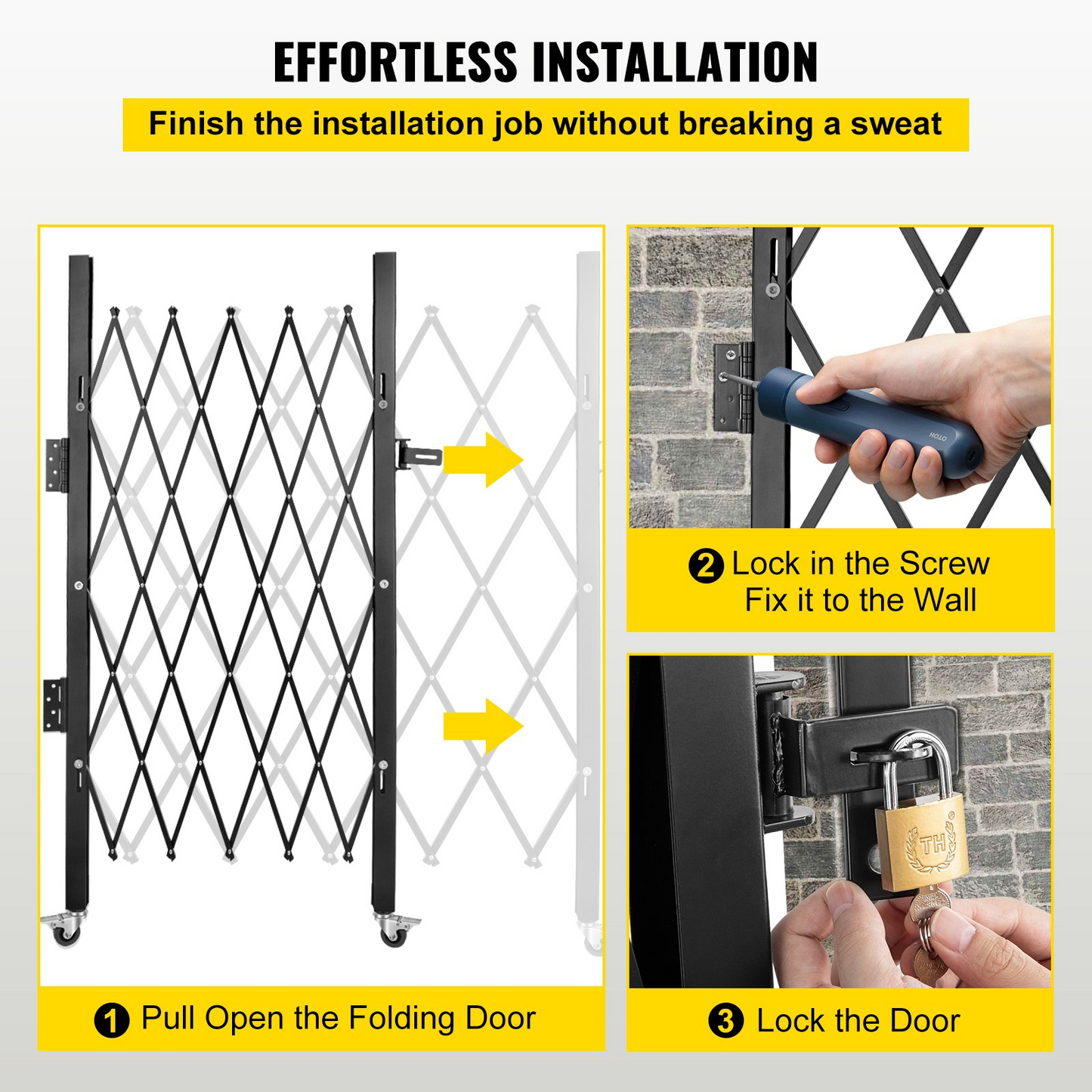 VEVOR Single Folding Security Gate, 48" H x 66" W Folding Door Gate, Steel Accordion Security Gate, Flexible Expanding Security Gate, 360° Rolling Barricade Gate, Scissor Gate or Door with Padlock