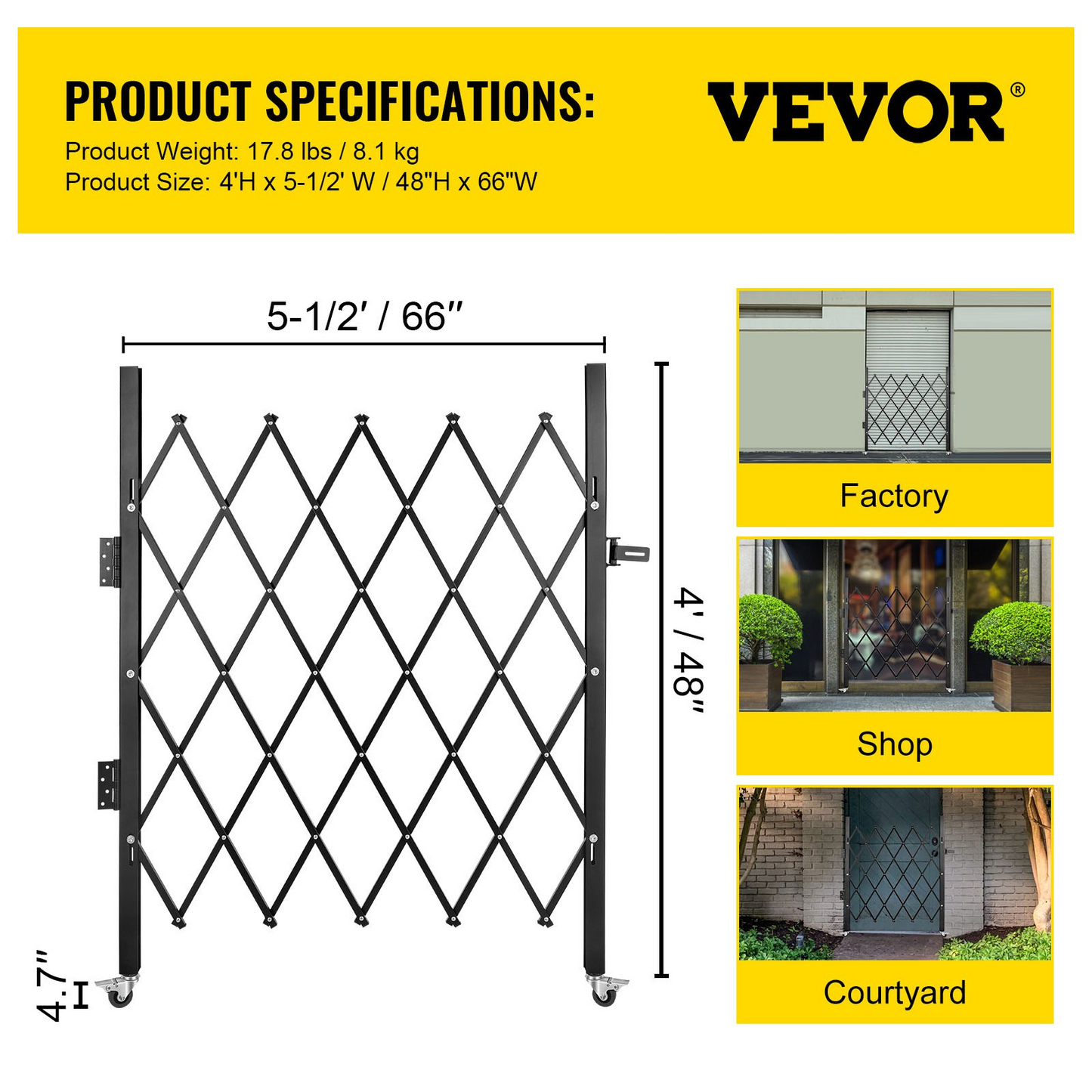 VEVOR Single Folding Security Gate, 48" H x 66" W Folding Door Gate, Steel Accordion Security Gate, Flexible Expanding Security Gate, 360° Rolling Barricade Gate, Scissor Gate or Door with Padlock